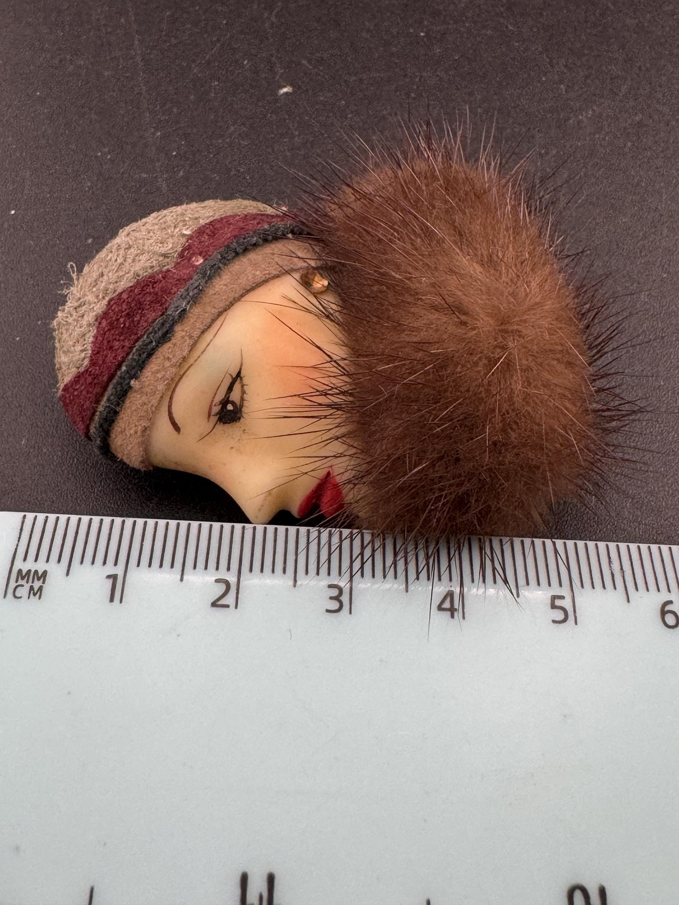 vintage flapper face brooch, art deco lady pin with mink fur