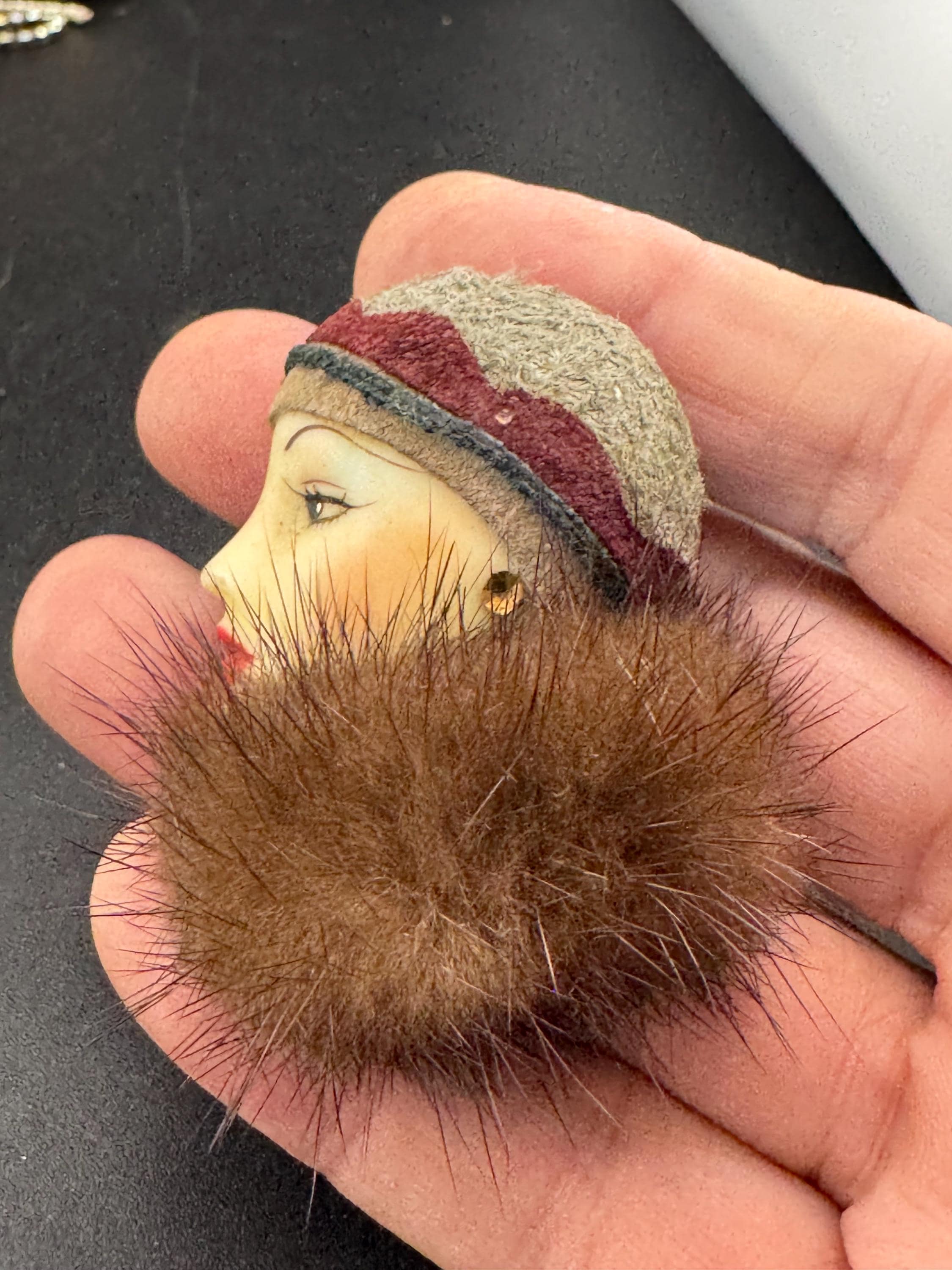 vintage flapper face brooch, art deco lady pin with mink fur