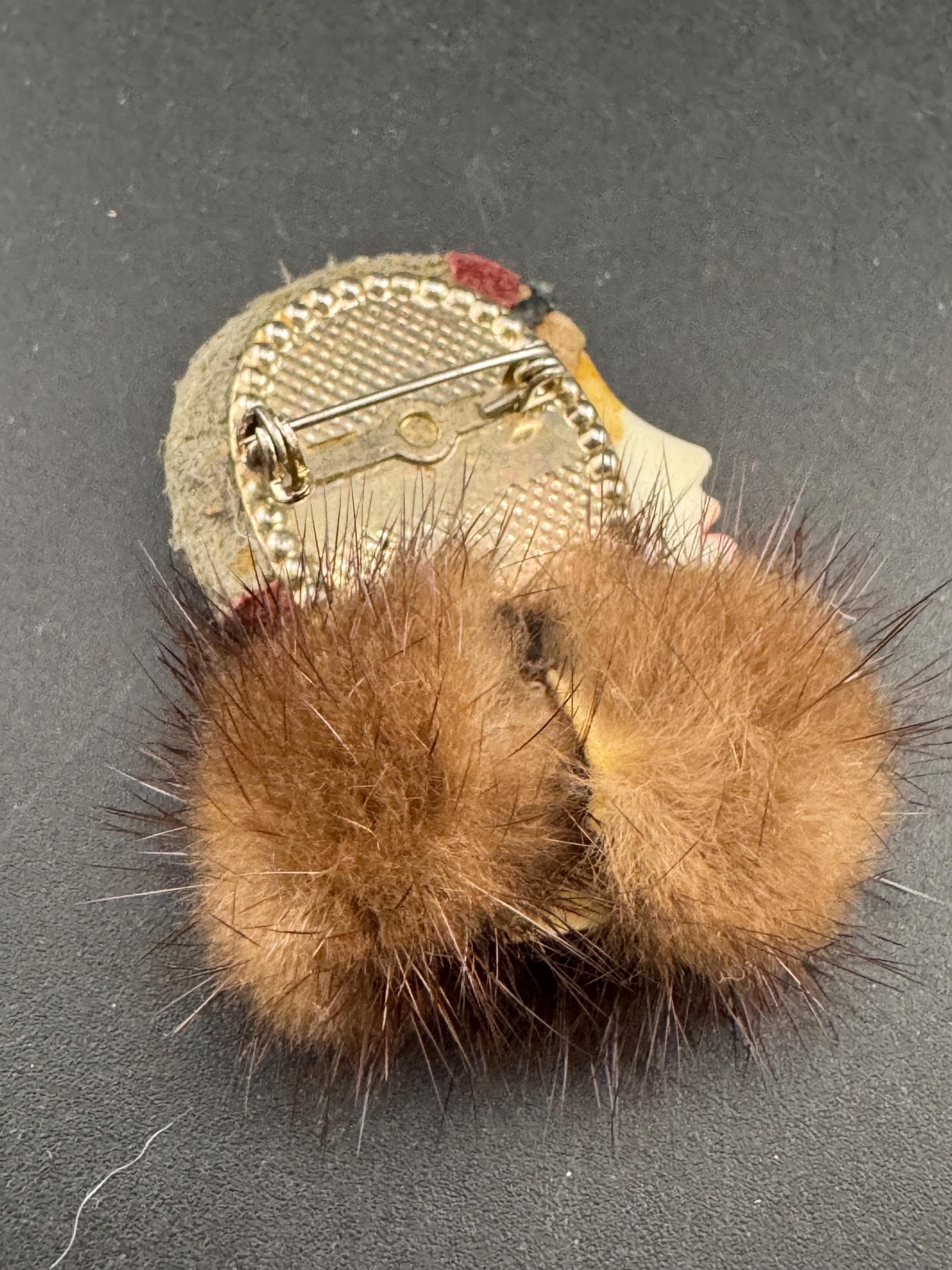 vintage flapper face brooch, art deco lady pin with mink fur