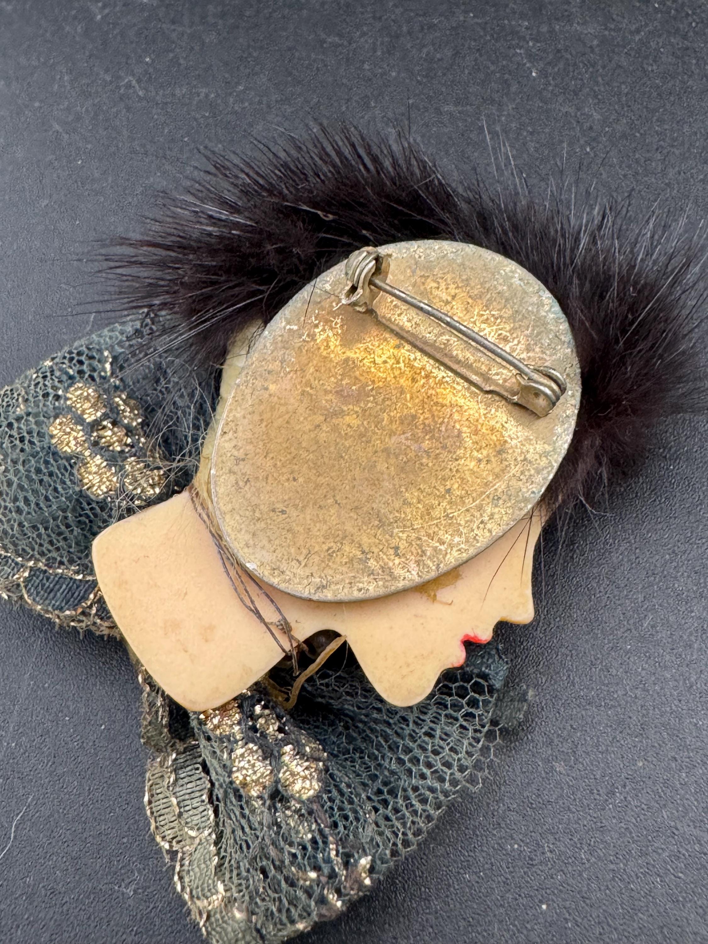 vintage flapper face brooch, art deco lady pin with mink fur and bow