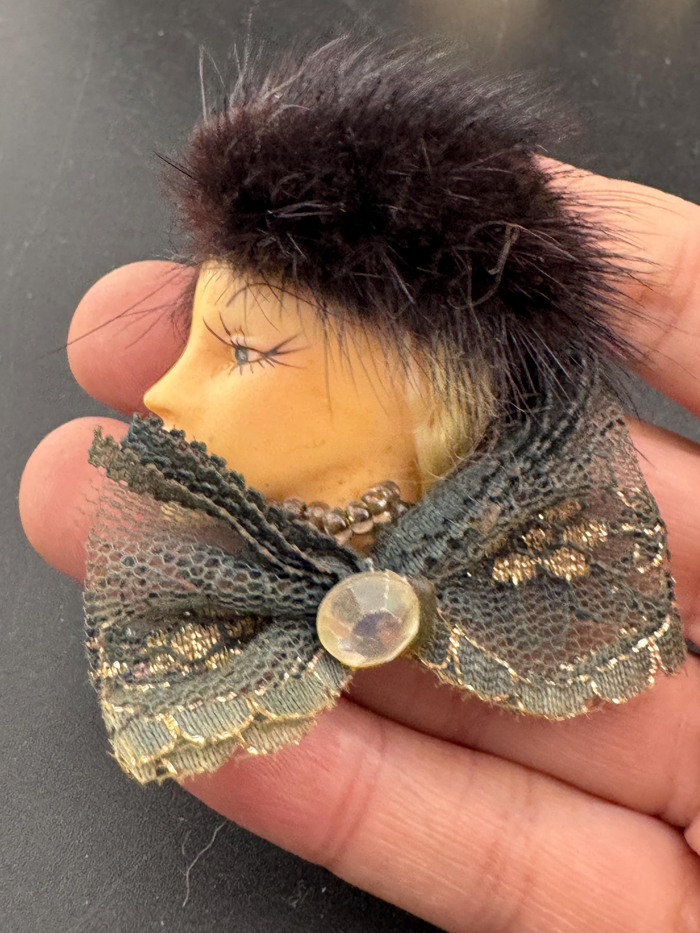 vintage flapper face brooch, art deco lady pin with mink fur and bow