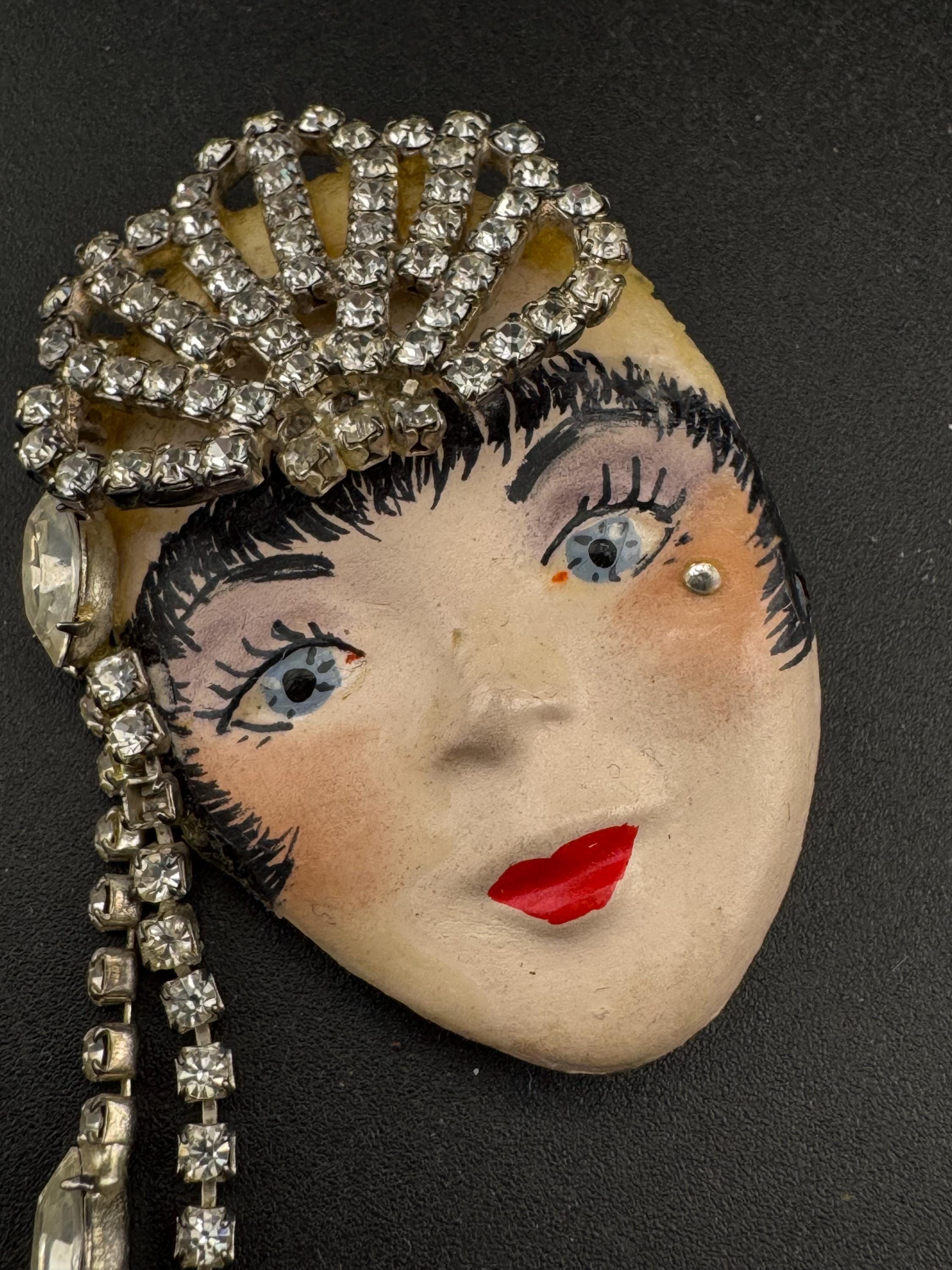 Vintage porcelain rhinestone ceramic flapper face brooch: art deco lady pin