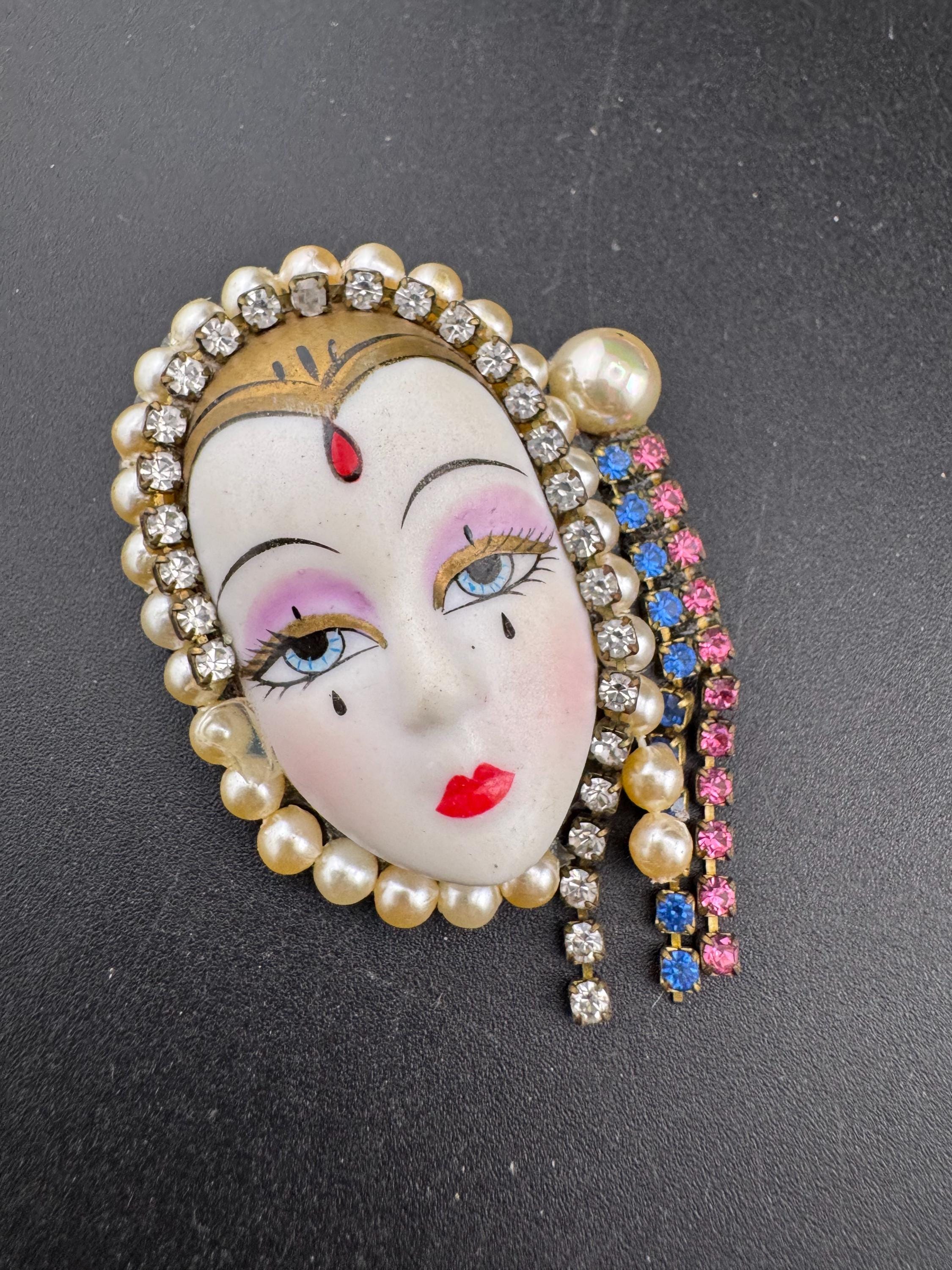 Vintage porcelain rhinestone ceramic flapper face brooch: art deco lady pin