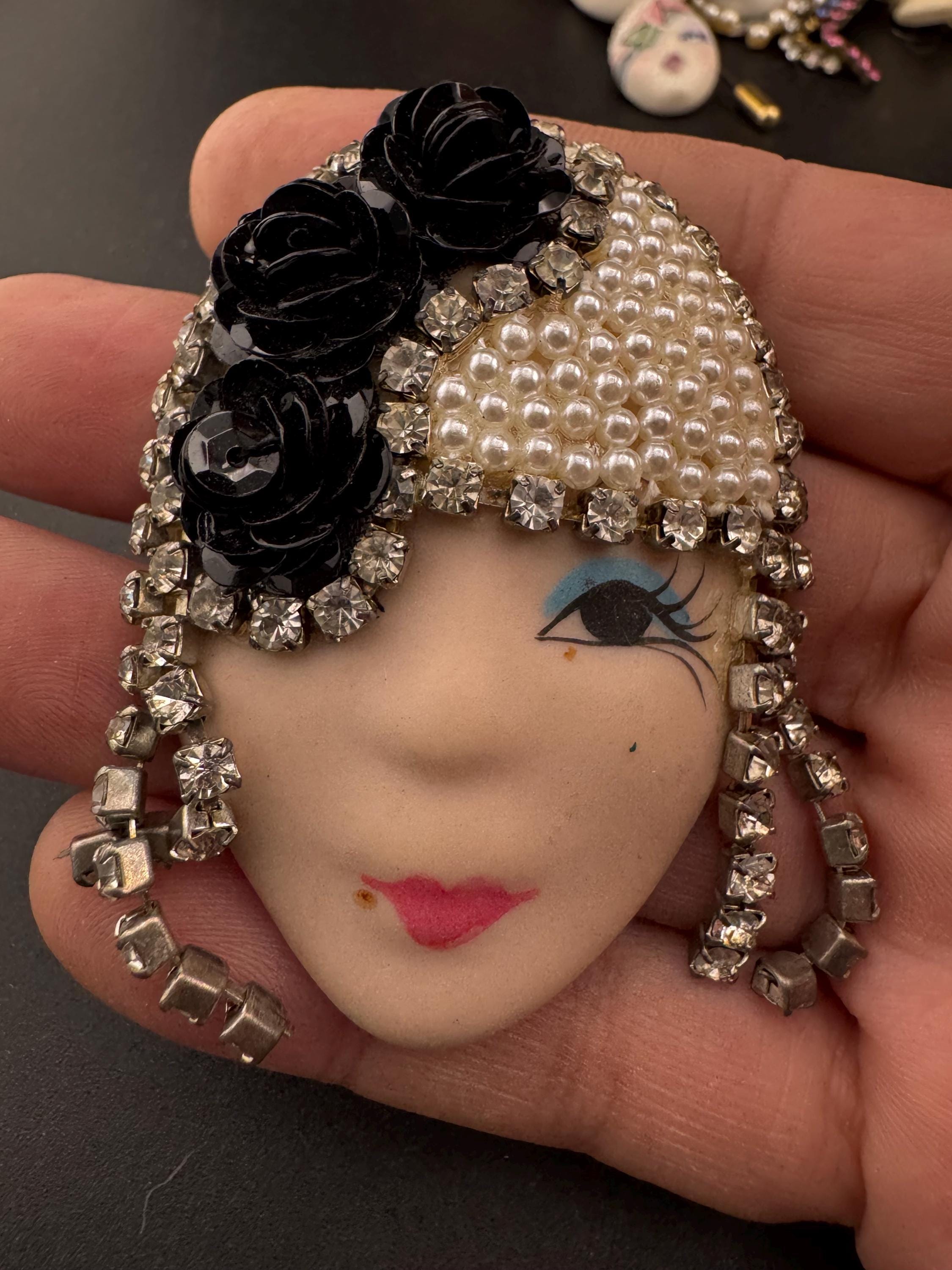 Signed Vintage Rhinestone Flapper Brooch - Art Deco Lady Pin