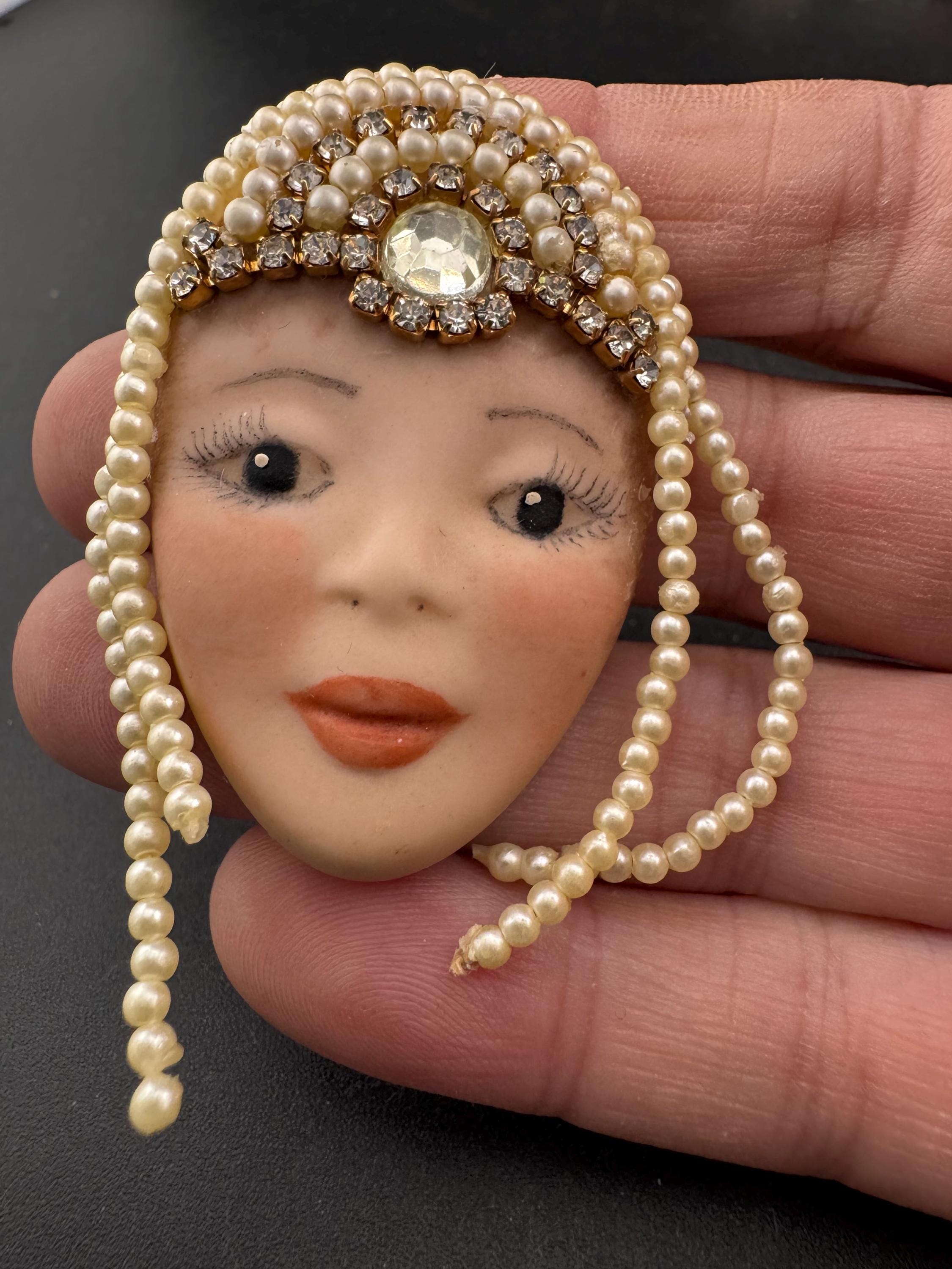 Signed Vintage Porcelain Flapper Brooch: Art Deco Lady Pin with Rhinestones & Pearls