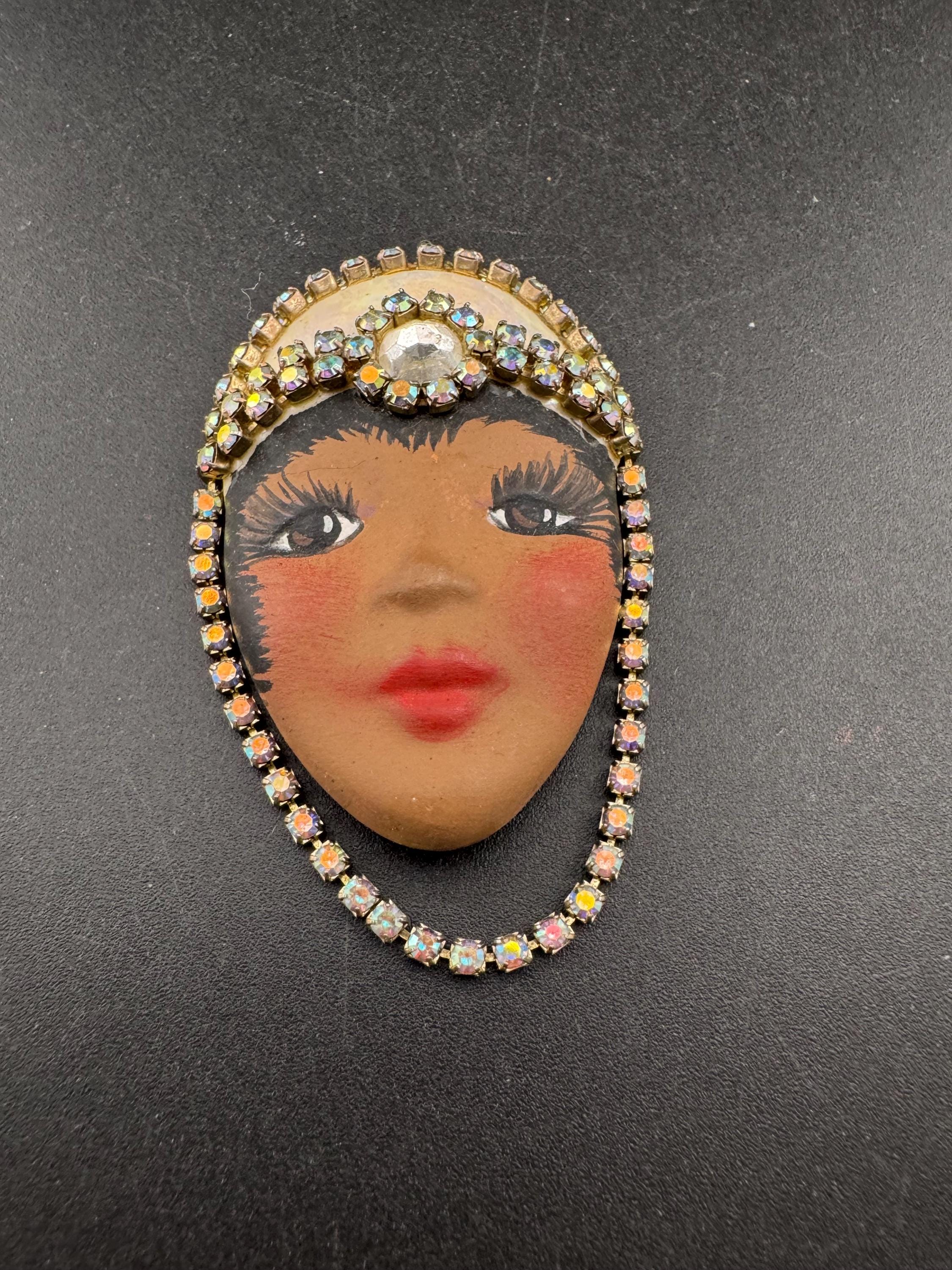 Signed Vintage porcelain rhinestone ceramic flapper face brooch: art deco lady pin