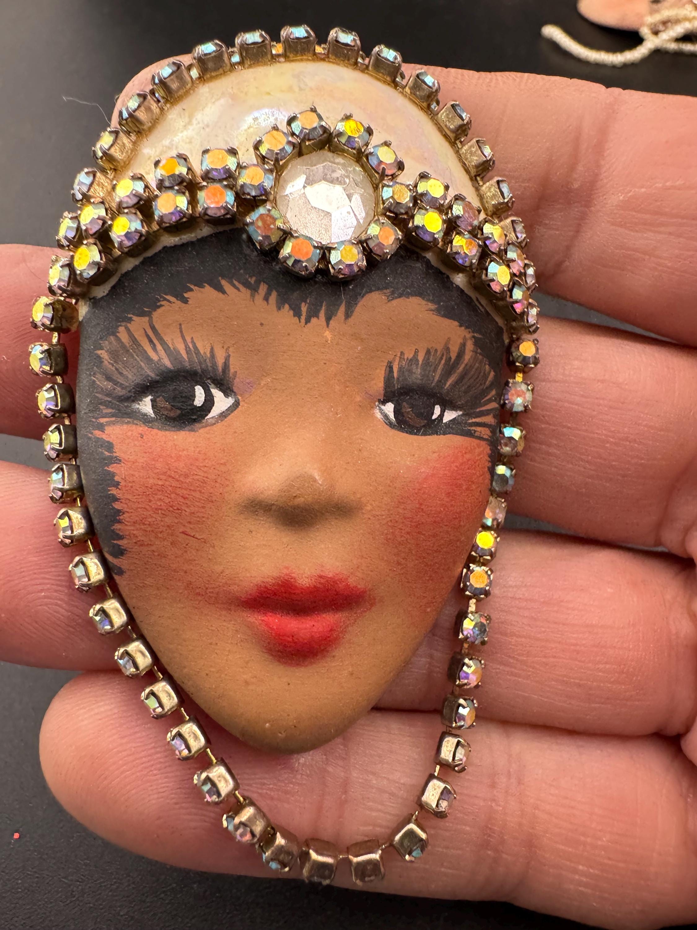 Signed Vintage porcelain rhinestone ceramic flapper face brooch: art deco lady pin