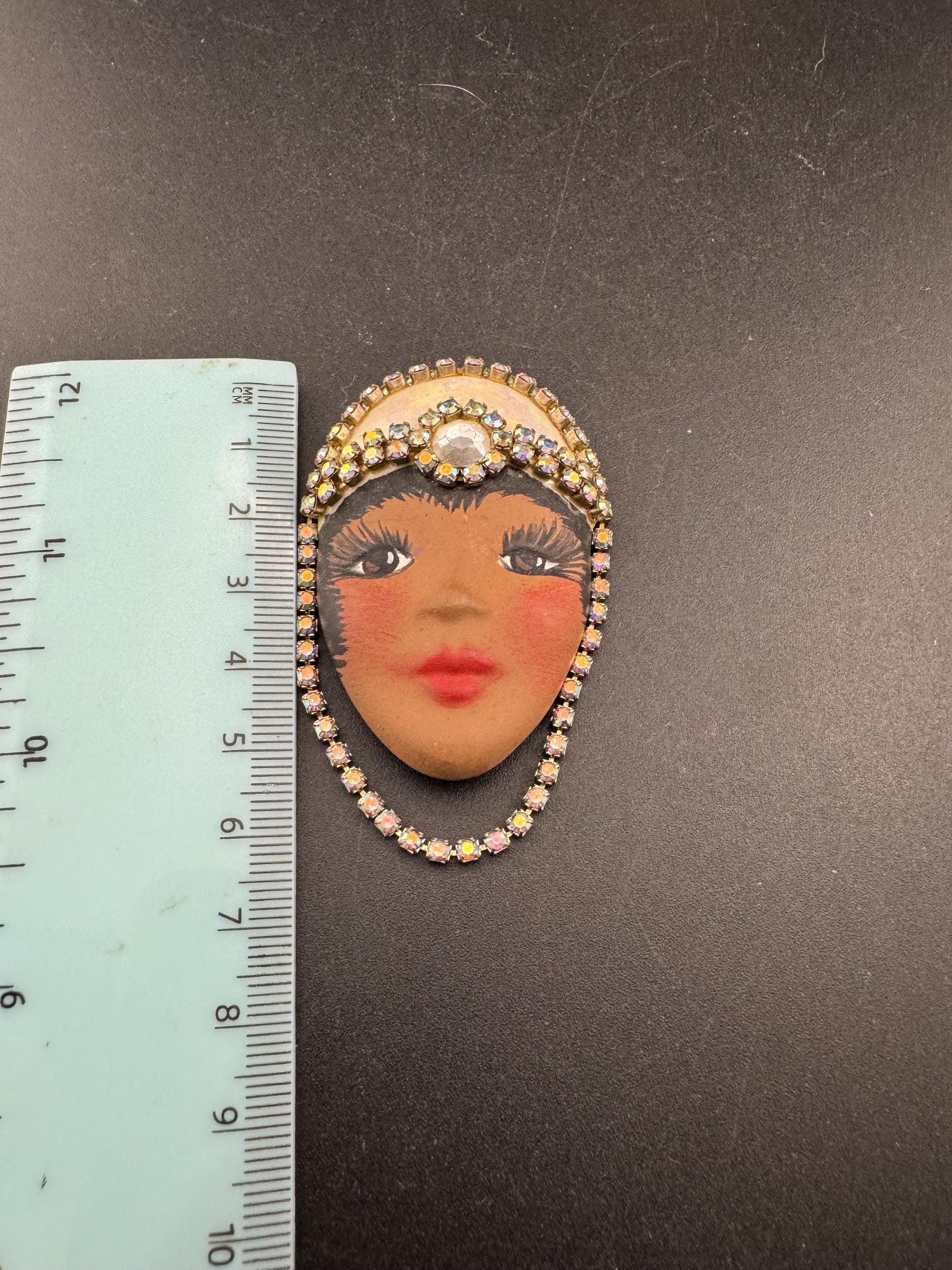 Signed Vintage porcelain rhinestone ceramic flapper face brooch: art deco lady pin