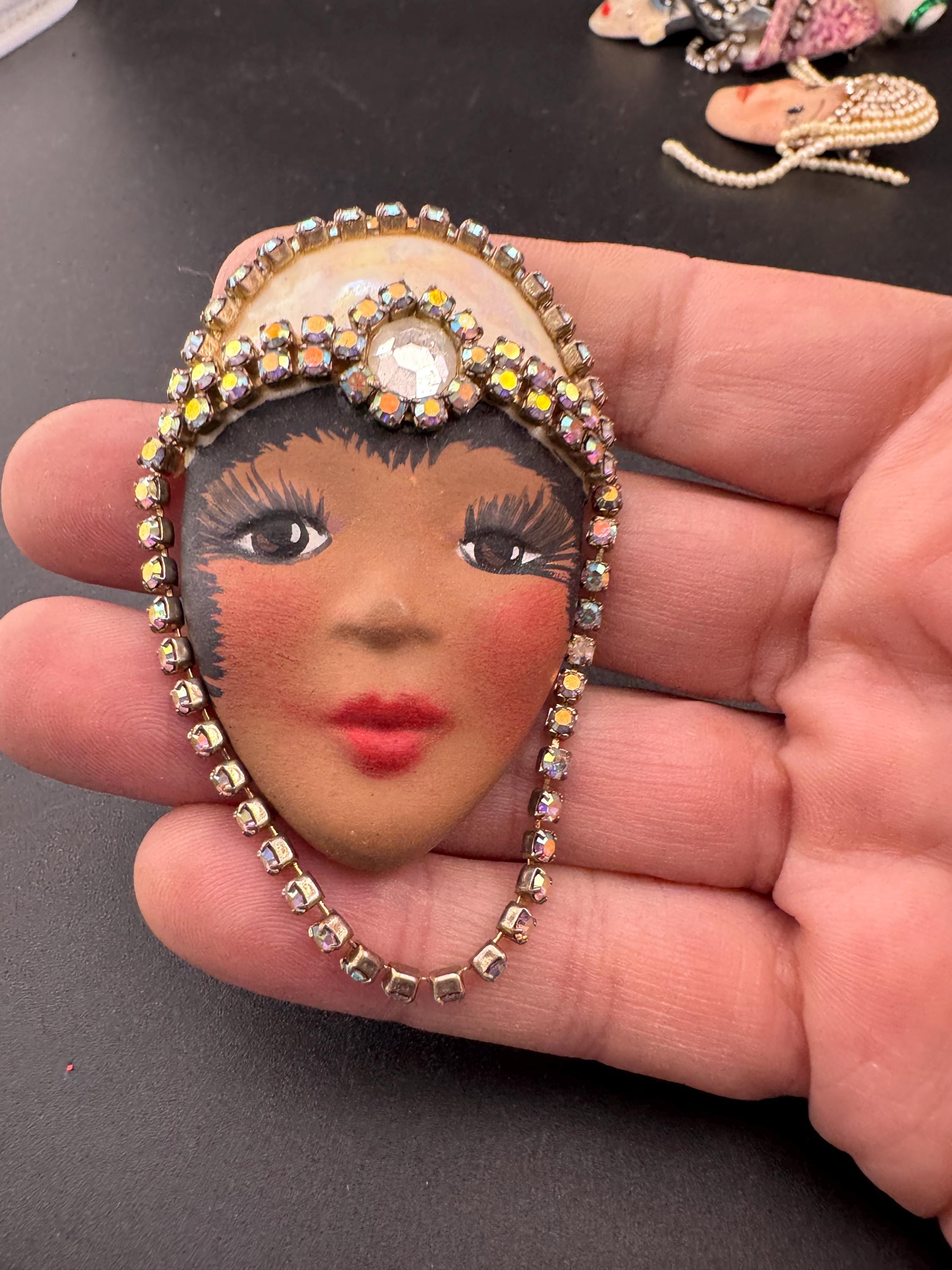 Signed Vintage porcelain rhinestone ceramic flapper face brooch: art deco lady pin