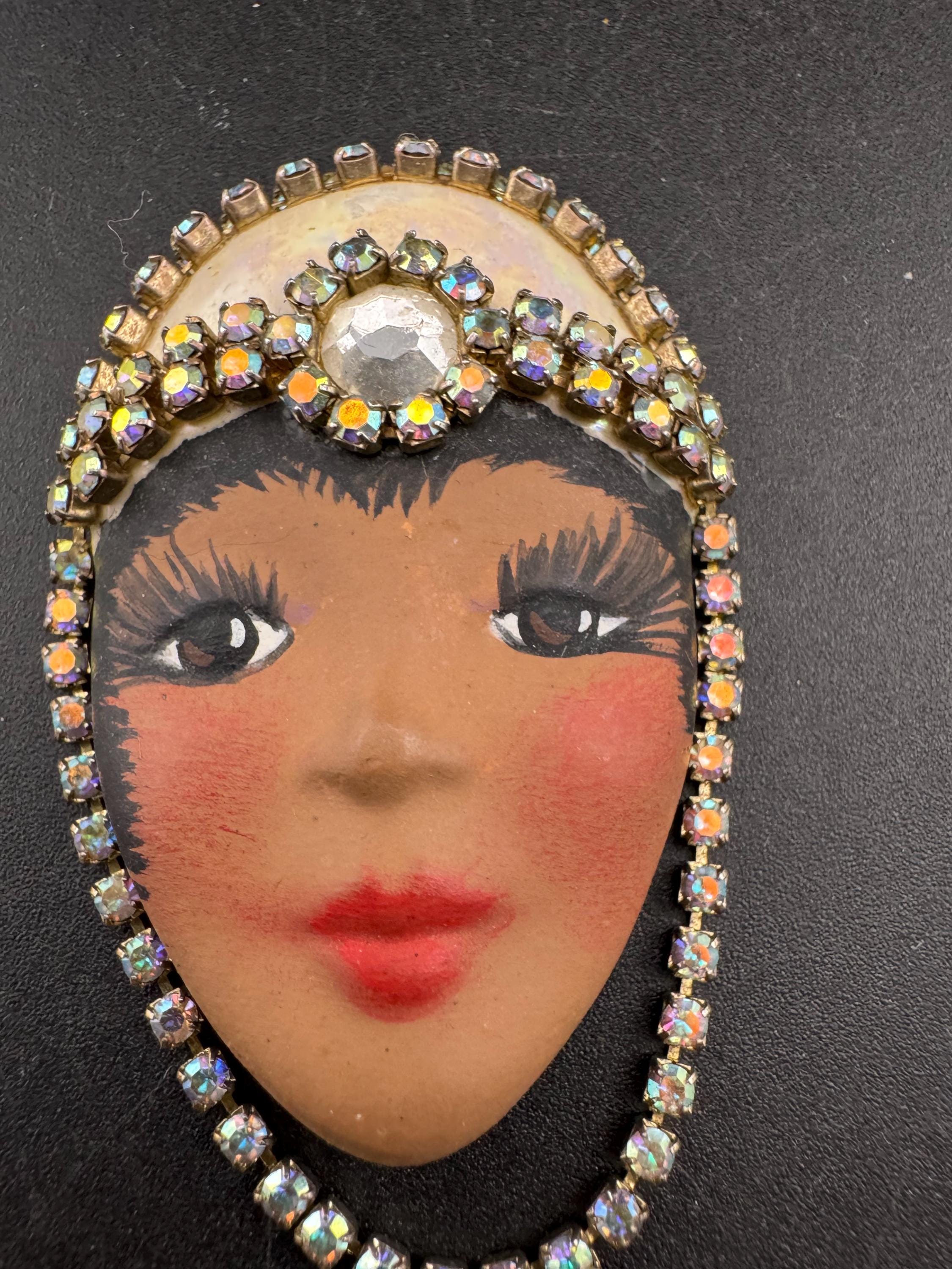 Signed Vintage porcelain rhinestone ceramic flapper face brooch: art deco lady pin