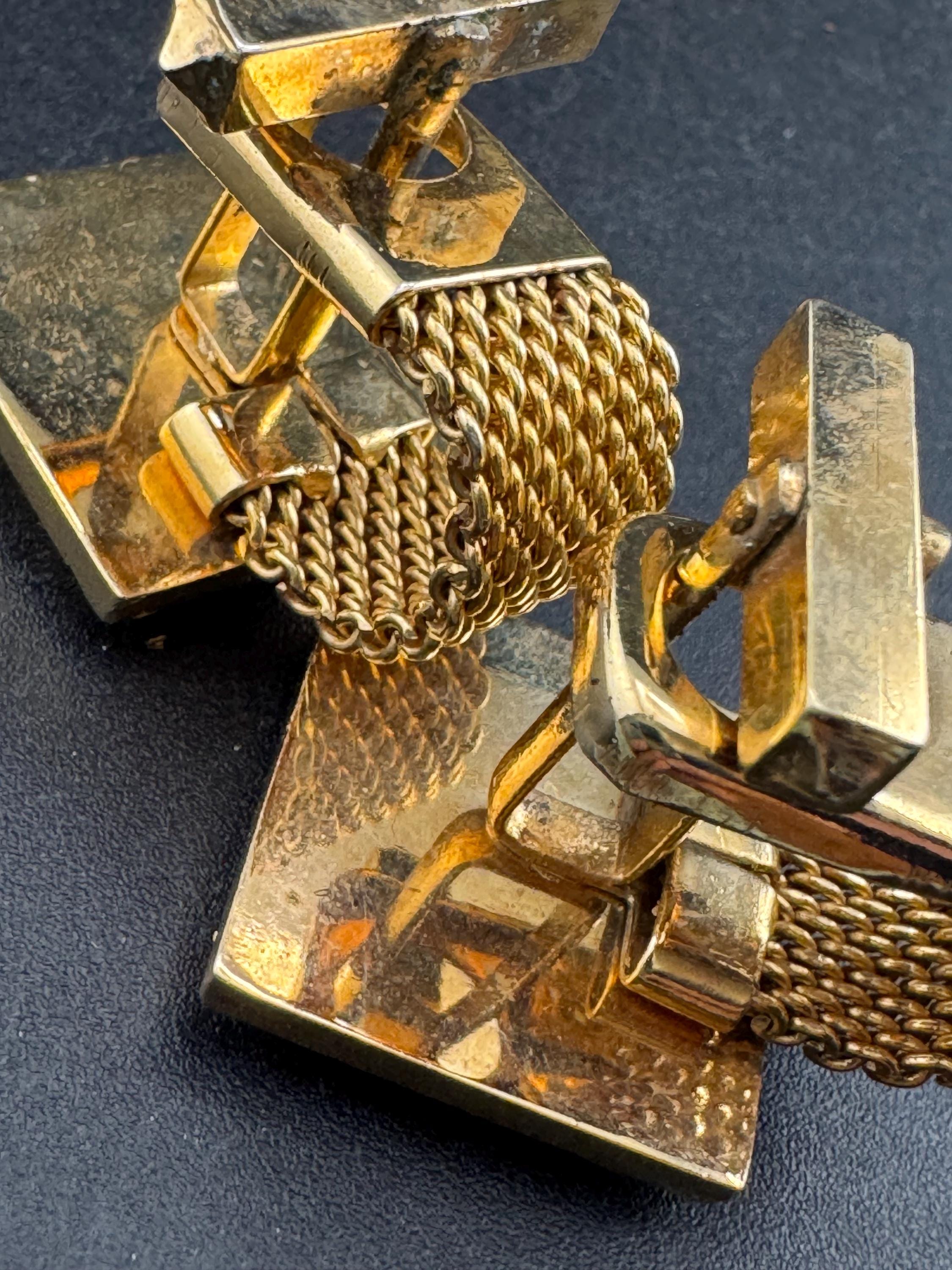 Vintage men’s gold mesh cufflinks with black stones, Brutalist 1970s