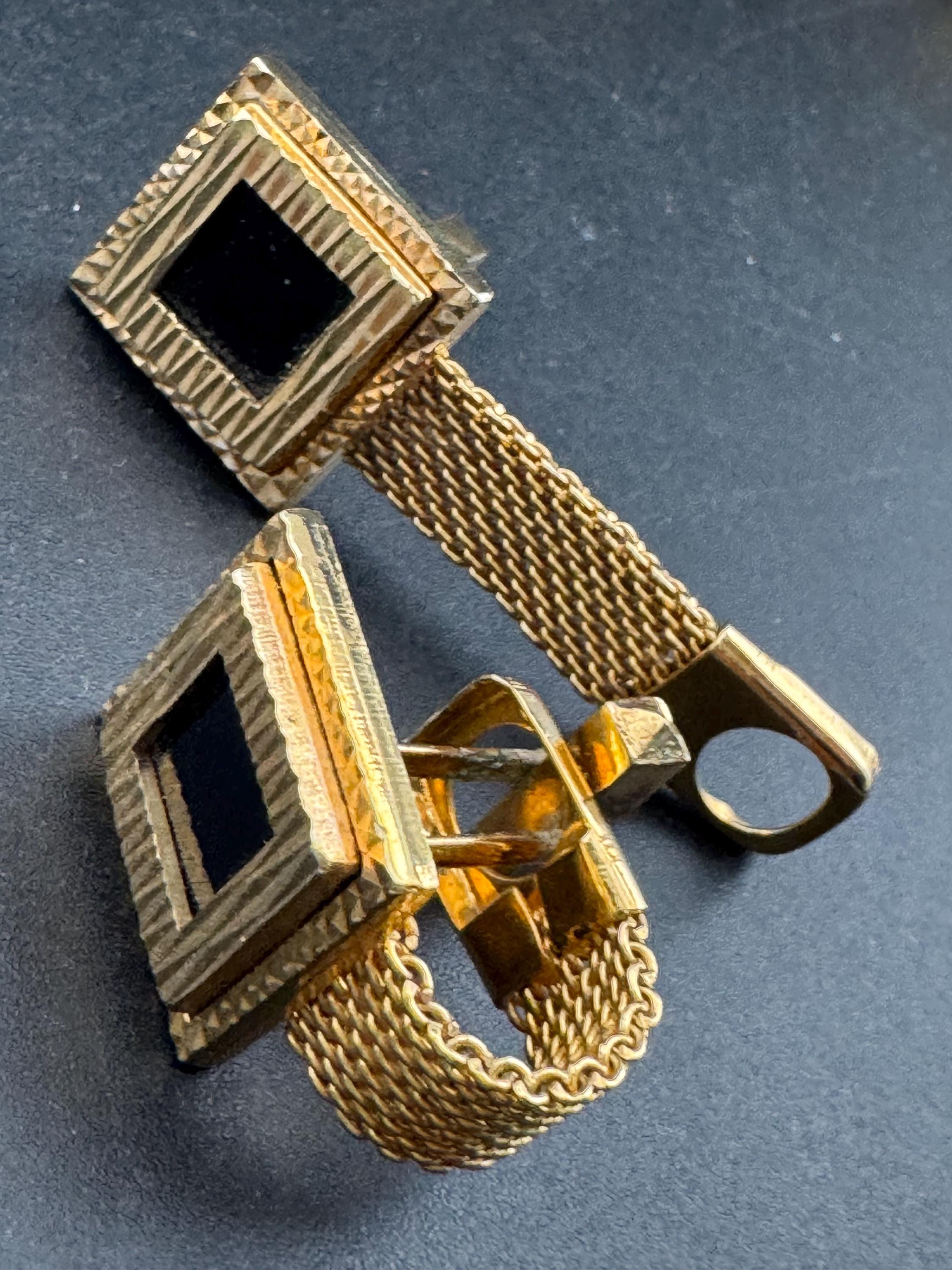 Vintage men’s gold mesh cufflinks with black stones, Brutalist 1970s