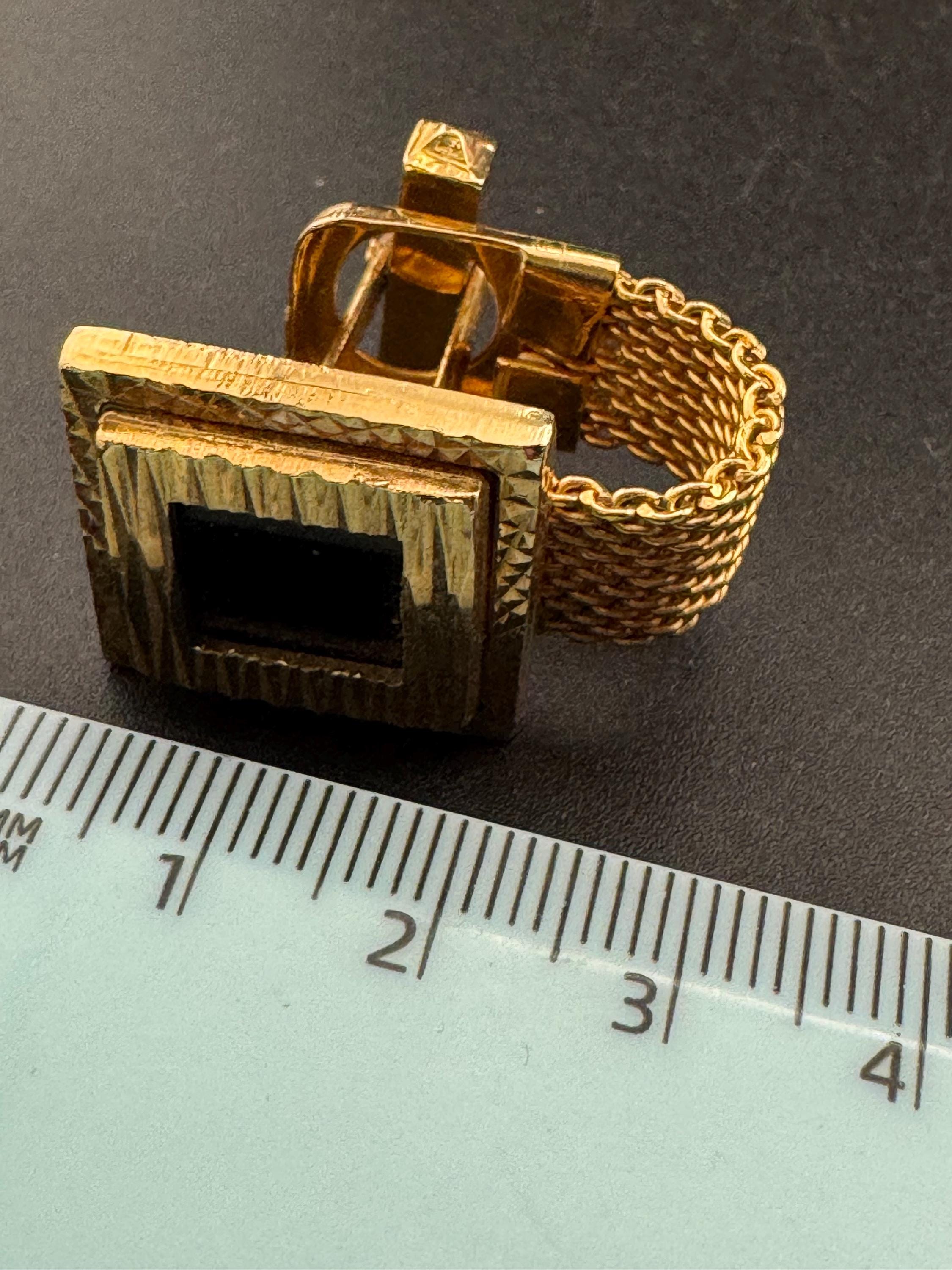 Vintage men’s gold mesh cufflinks with black stones, Brutalist 1970s