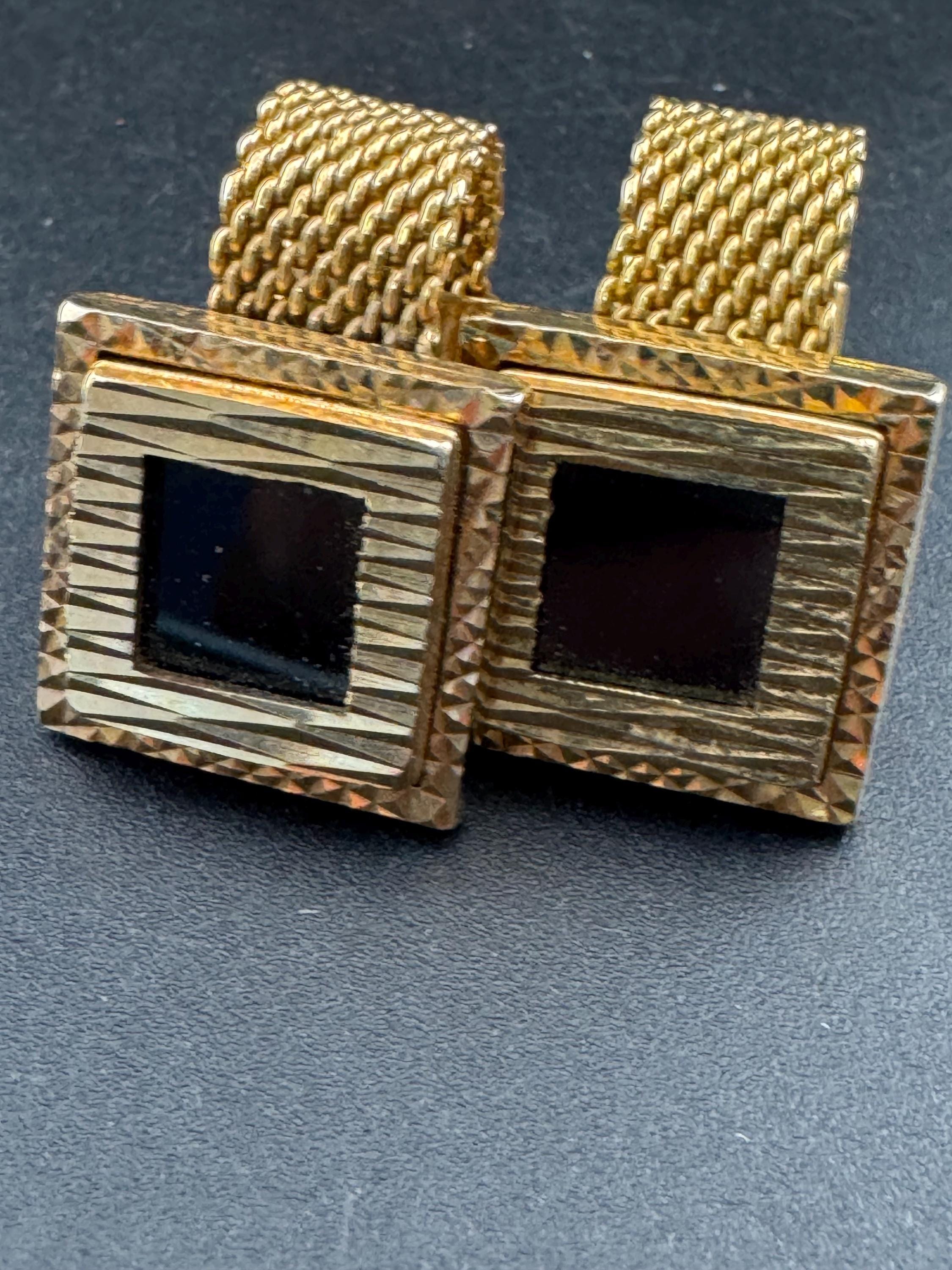 Vintage men’s gold mesh cufflinks with black stones, Brutalist 1970s