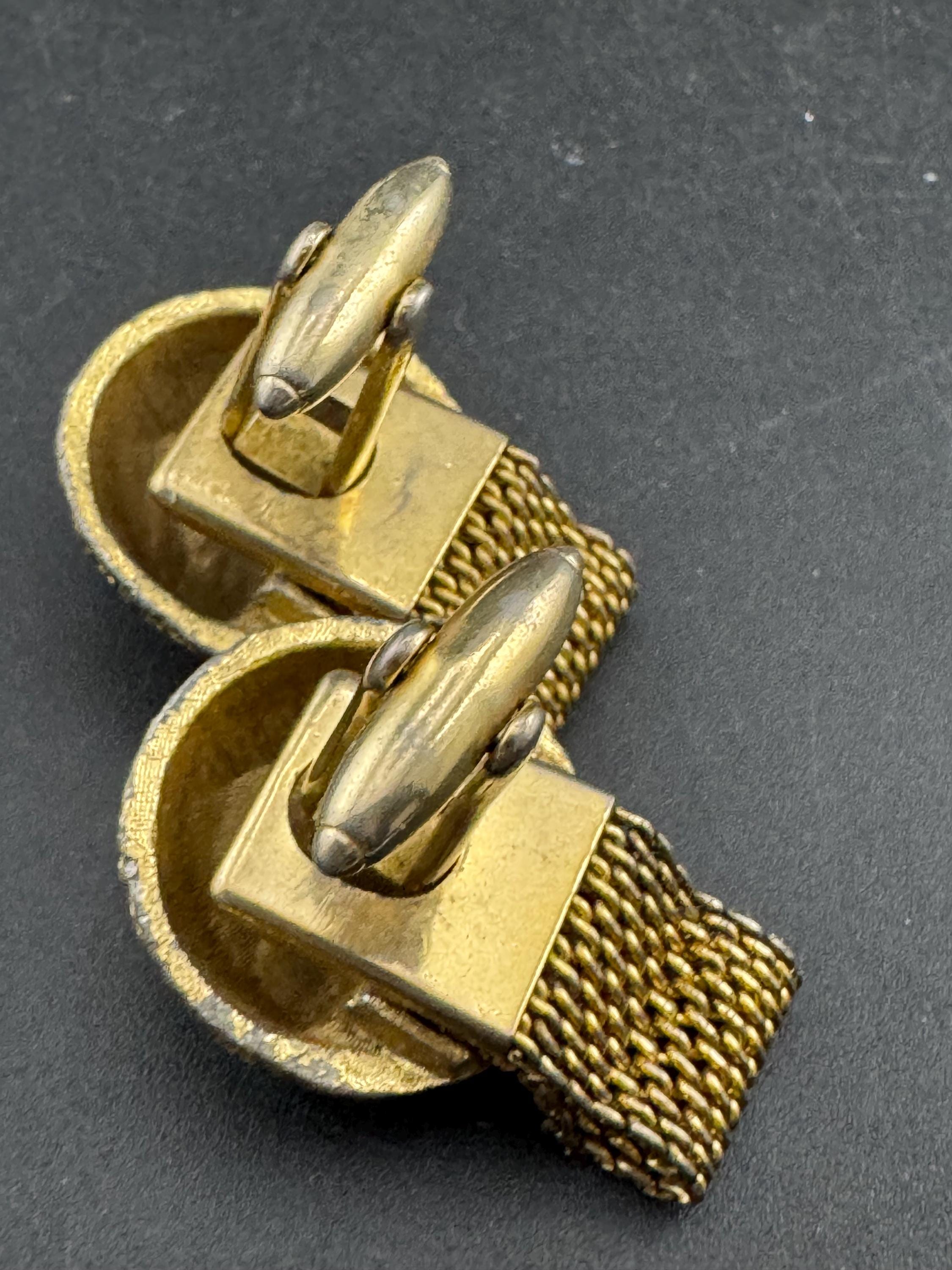 Vintage men’s gold mesh cufflinks with Rivoli crystal Rhinestones, Brutalist 1970s