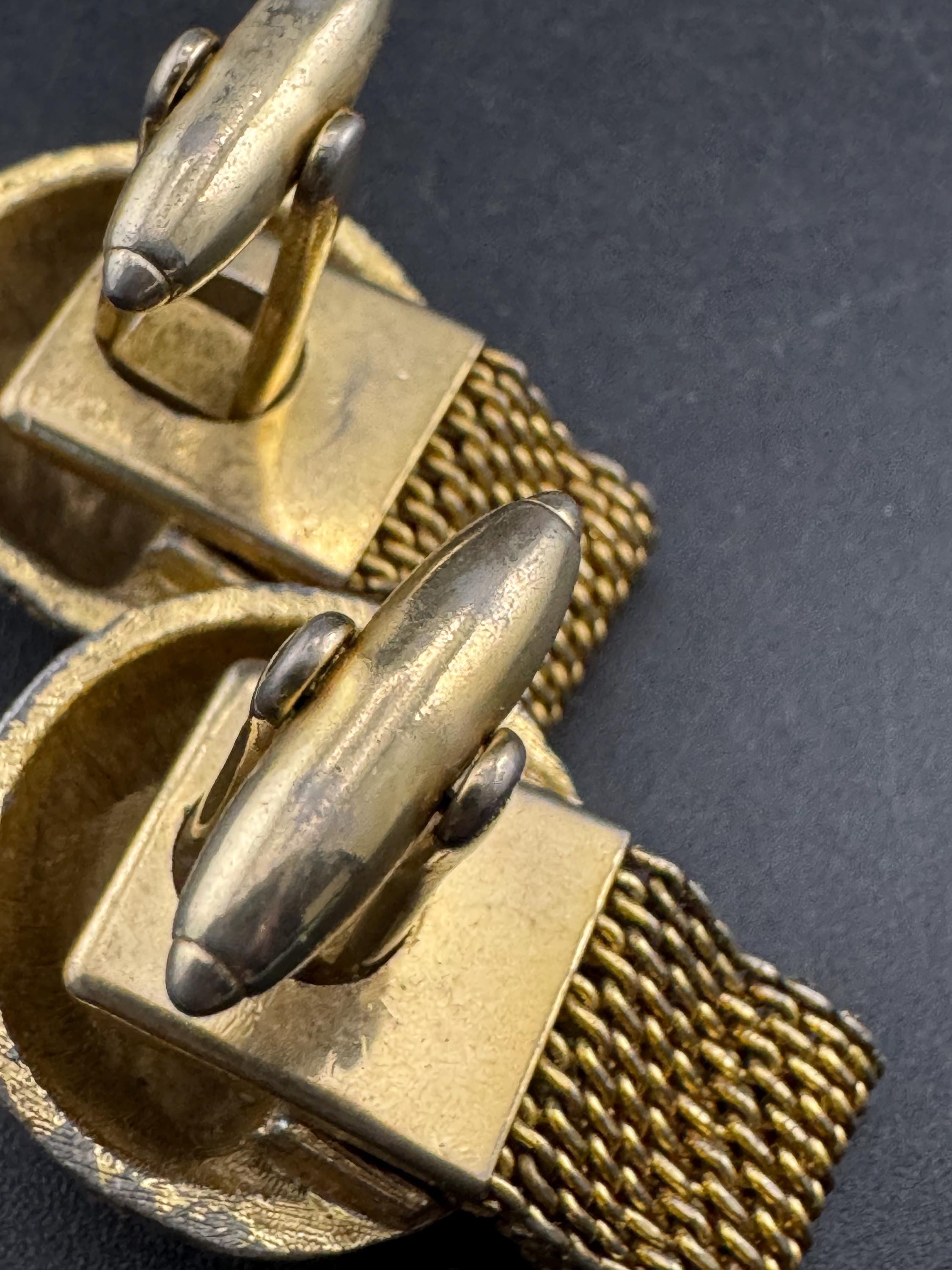 Vintage men’s gold mesh cufflinks with Rivoli crystal Rhinestones, Brutalist 1970s
