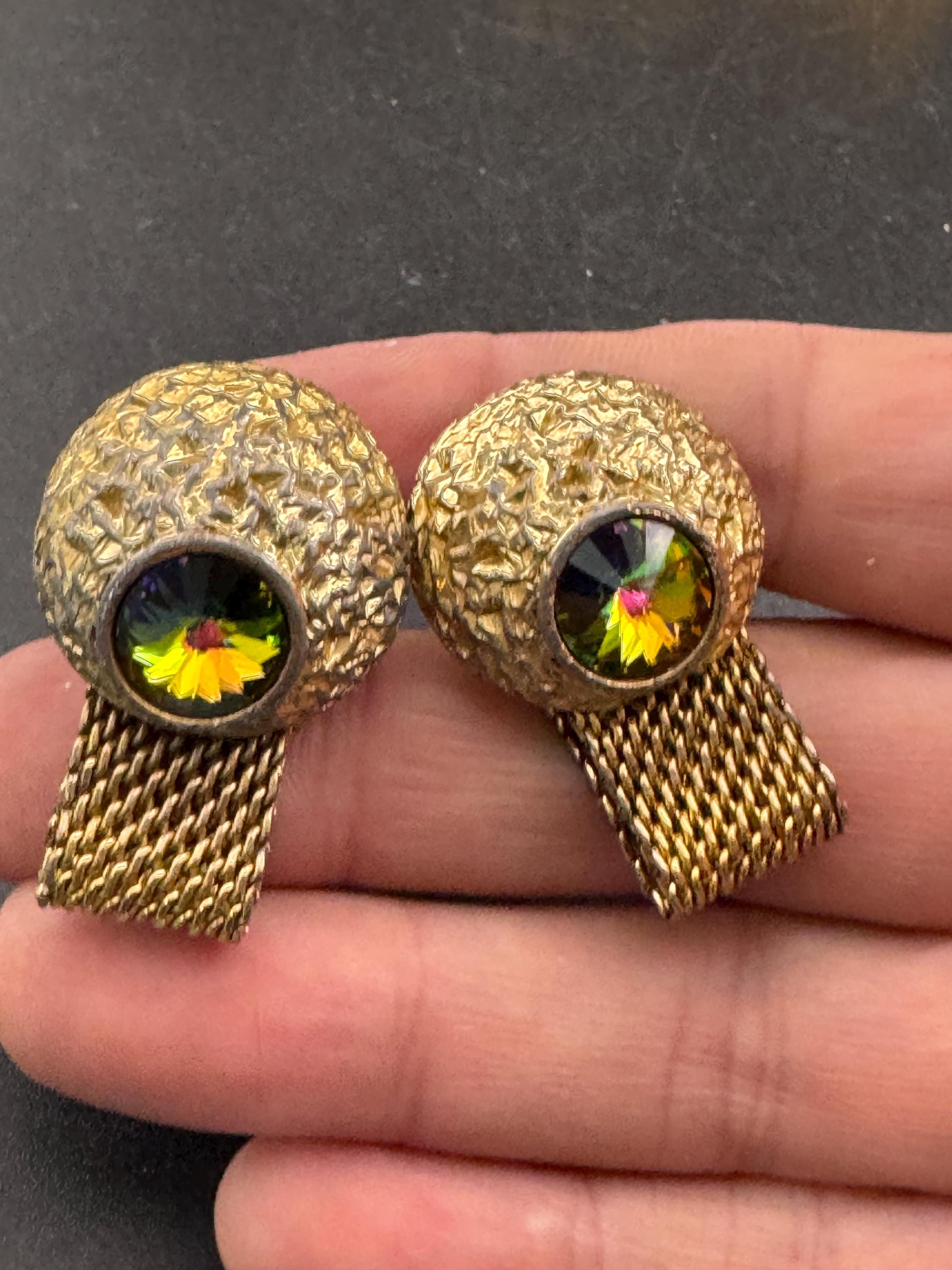 Vintage men’s gold mesh cufflinks with Rivoli crystal Rhinestones, Brutalist 1970s