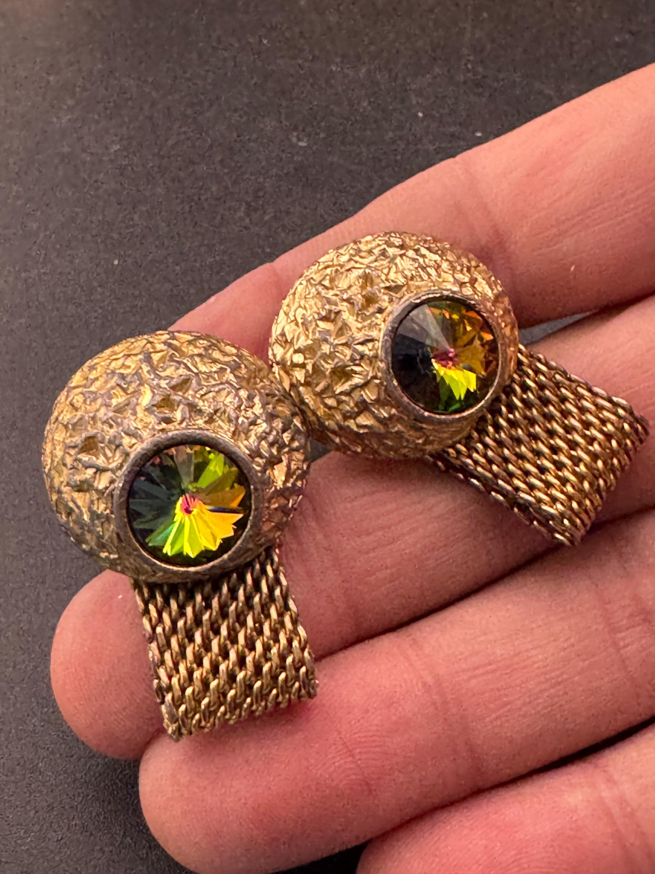 Vintage men’s gold mesh cufflinks with Rivoli crystal Rhinestones, Brutalist 1970s