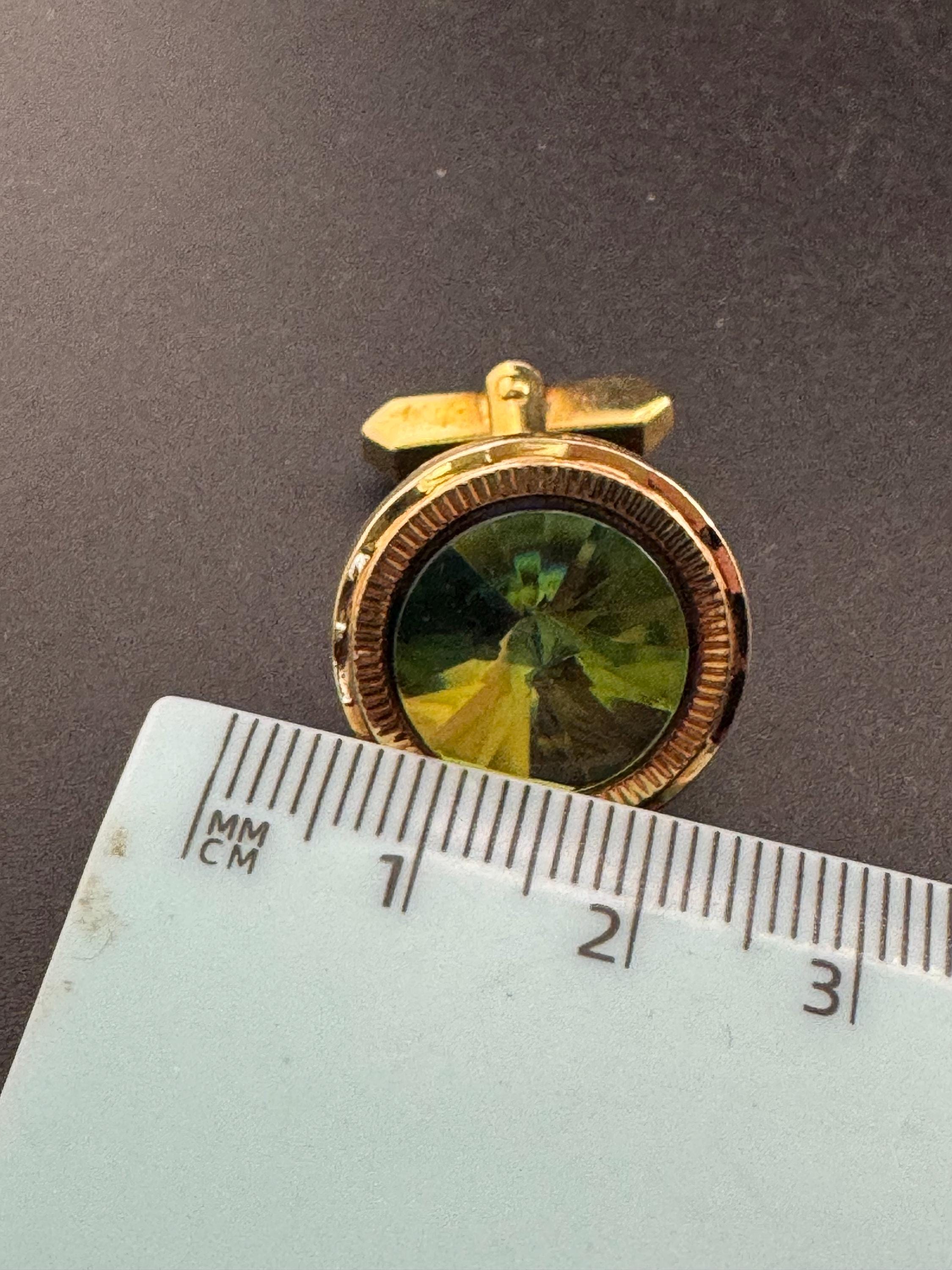 Vintage men’s gold cufflinks with green Rivoli crystal Rhinestones, Brutalist 1970s