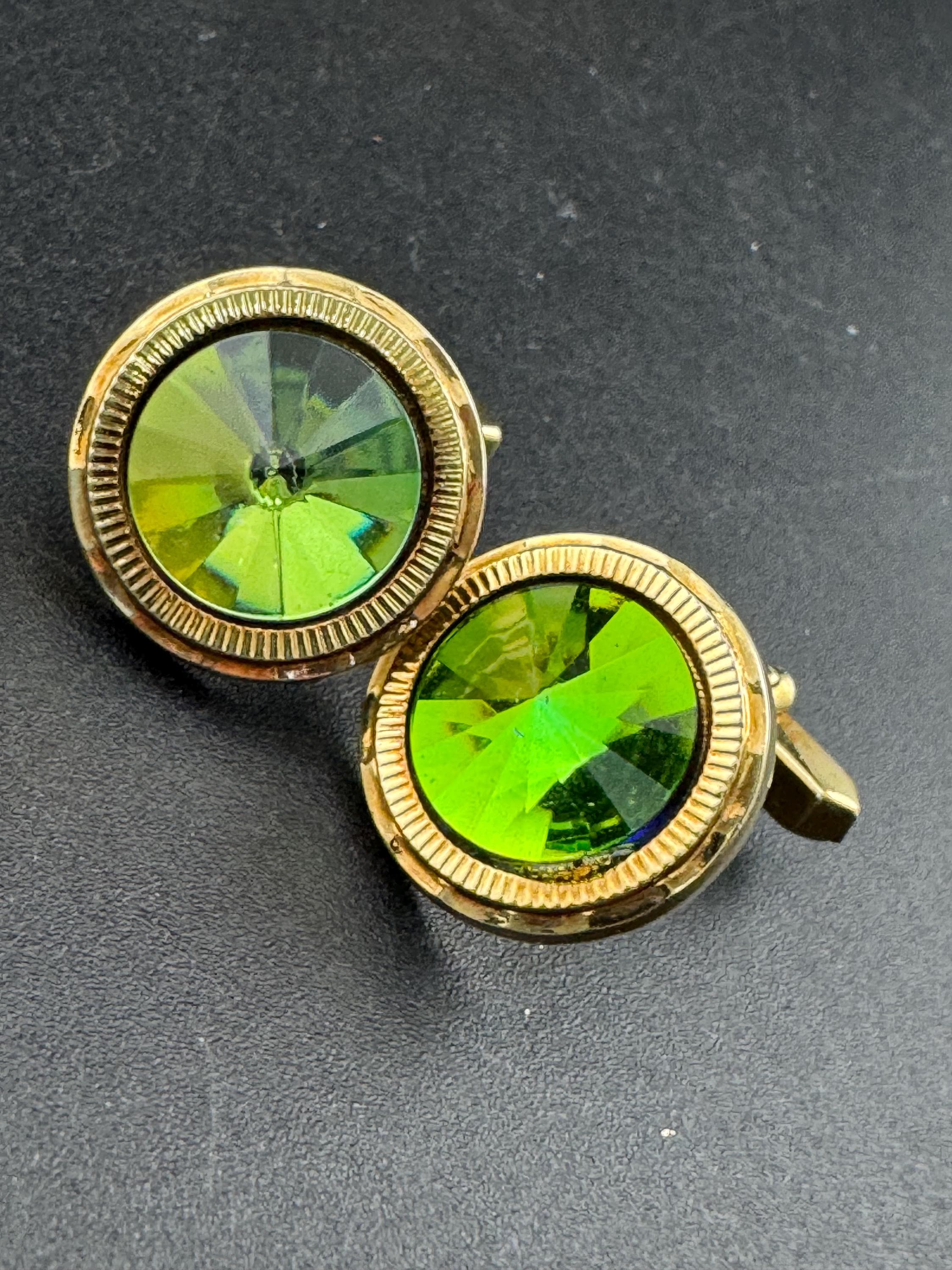 Vintage men’s gold cufflinks with green Rivoli crystal Rhinestones, Brutalist 1970s