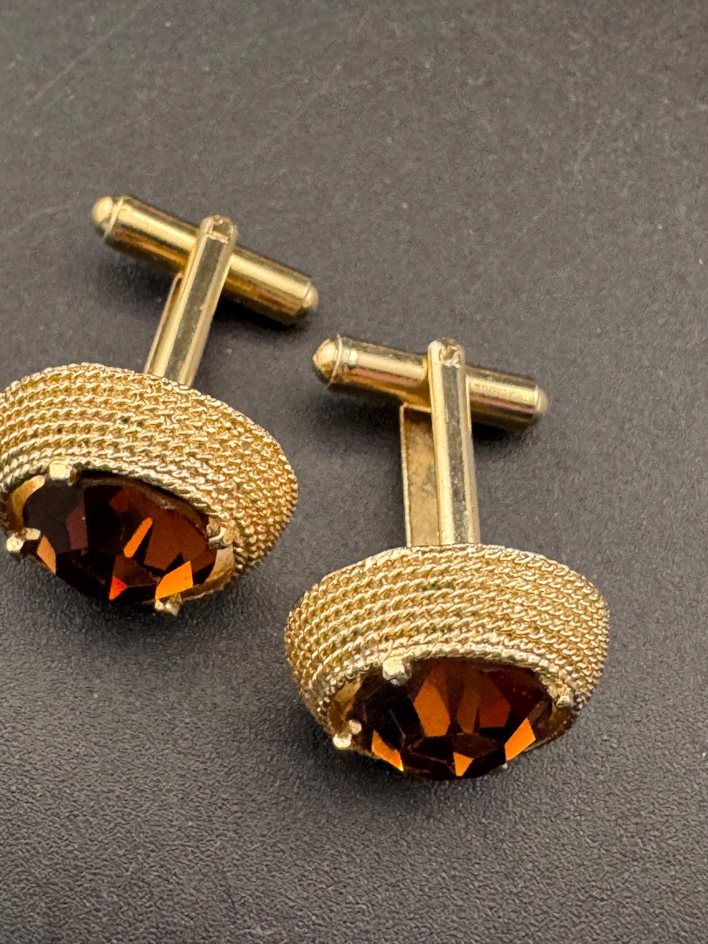 Vintage men’s gold cufflinks with brown cognac glass crystal Rhinestones, Brutalist 1970s