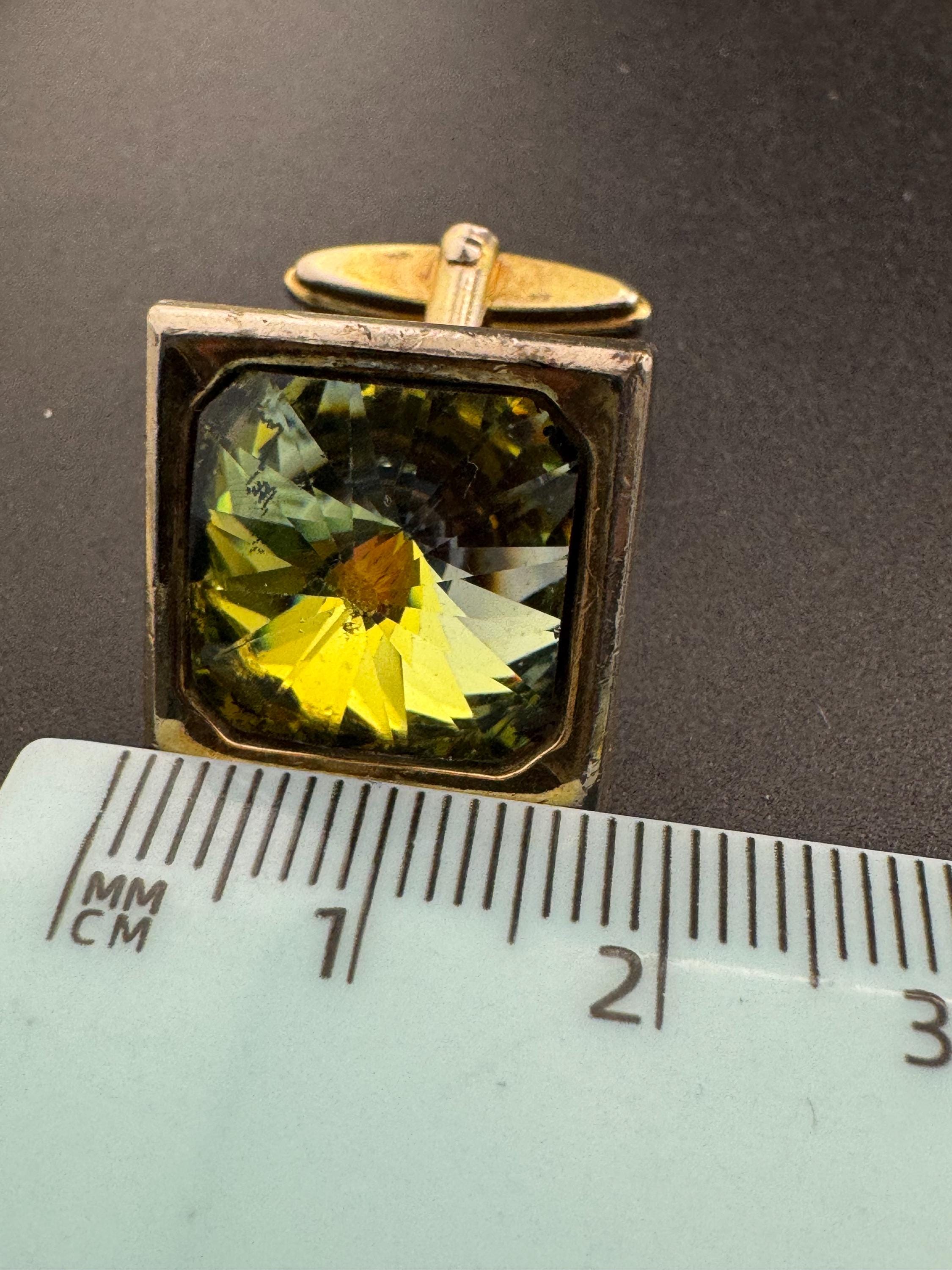 Vintage men’s gold cufflinks with green Rivoli crystal Rhinestones, Brutalist 1970s