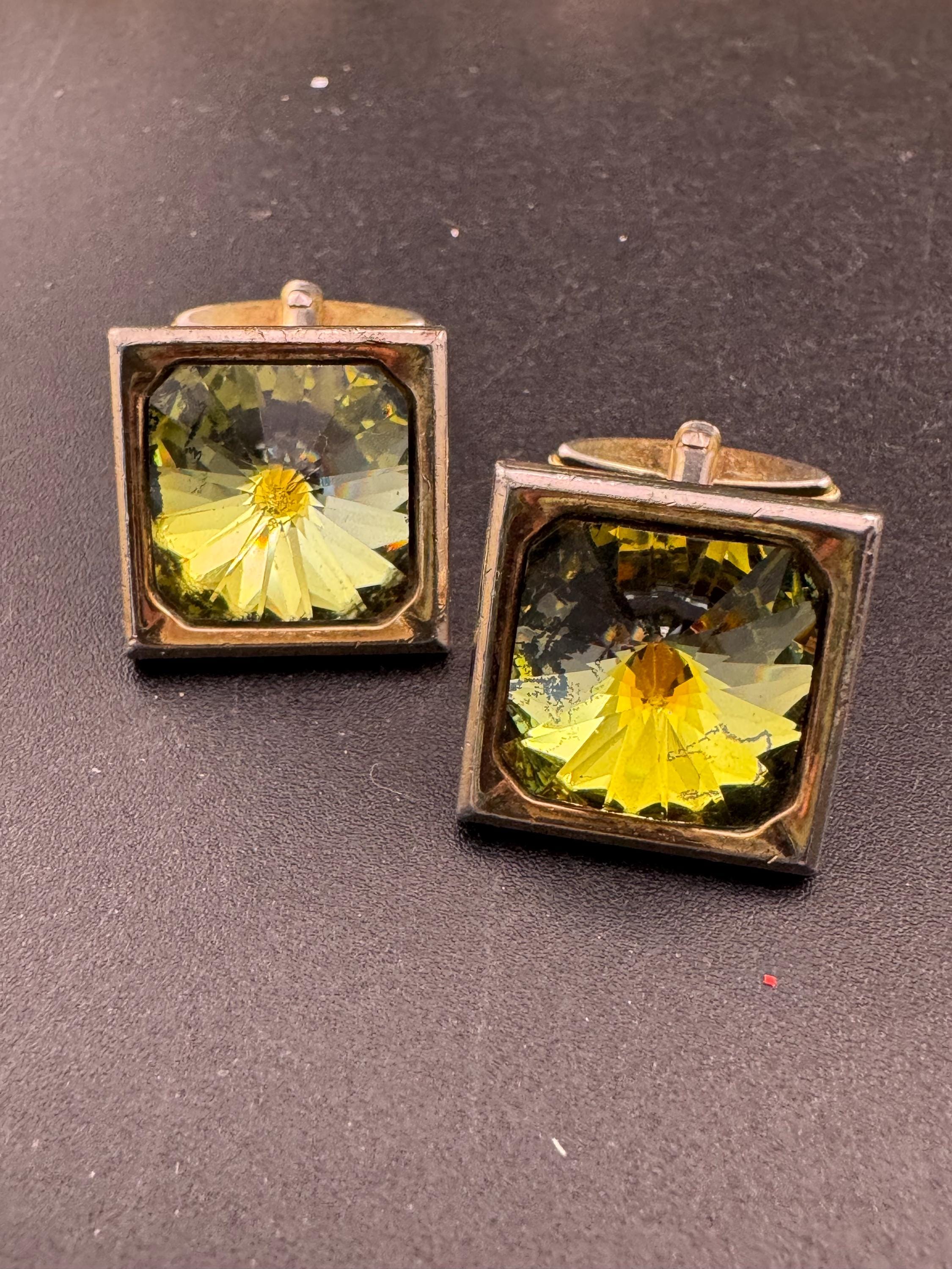 Vintage men’s gold cufflinks with green Rivoli crystal Rhinestones, Brutalist 1970s