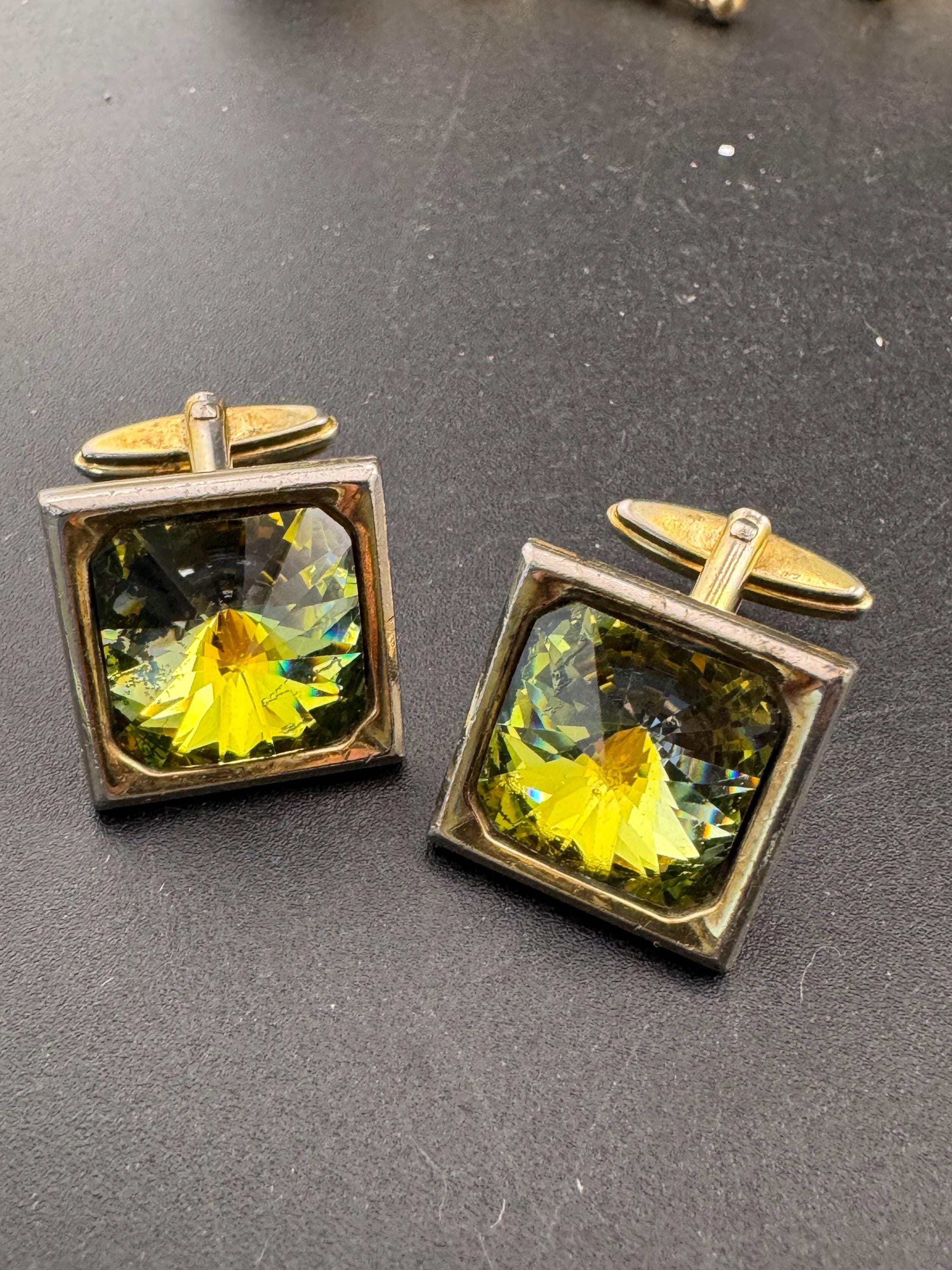 Vintage men’s gold cufflinks with green Rivoli crystal Rhinestones, Brutalist 1970s