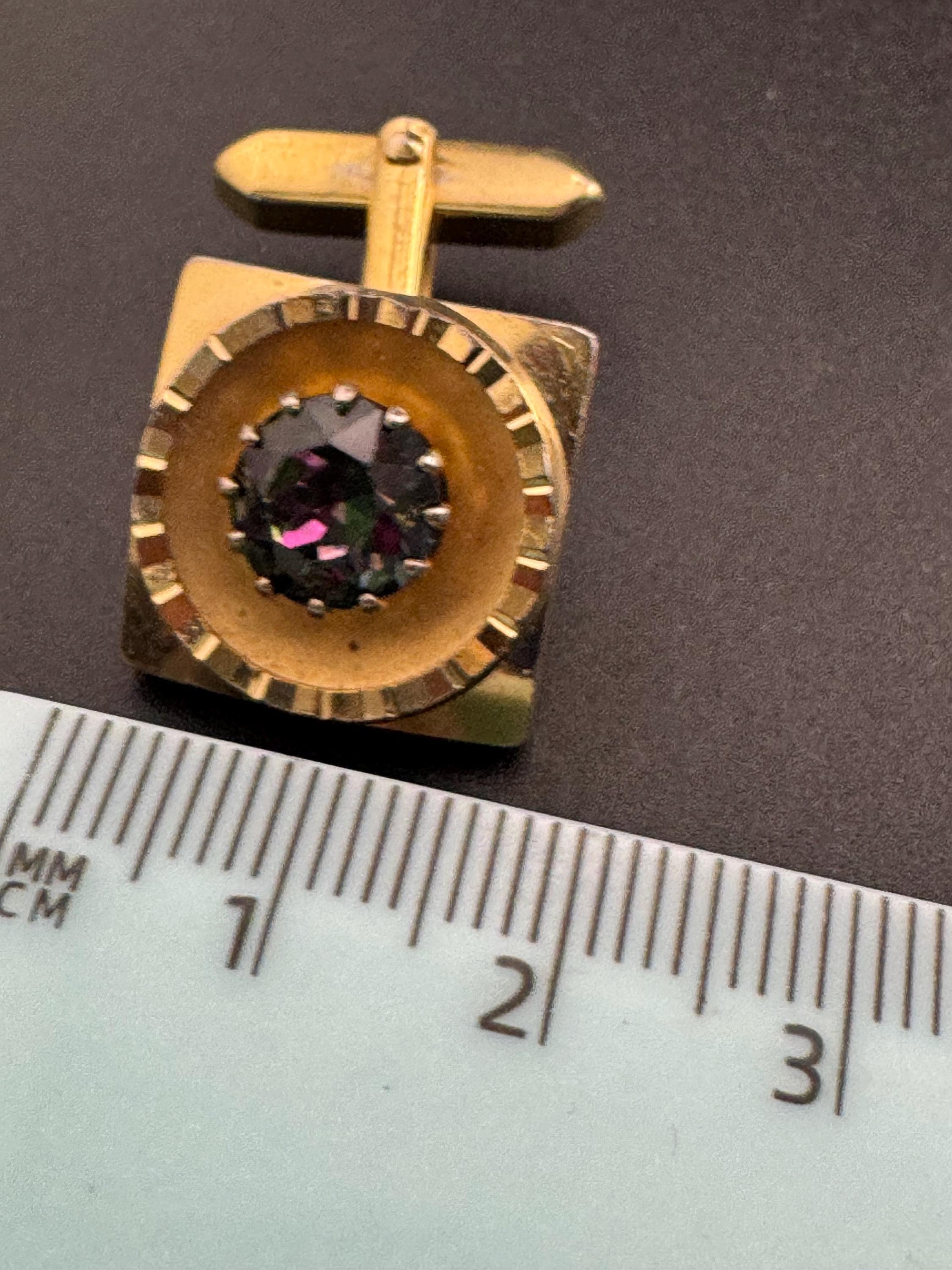 Vintage men’s gold cufflinks with purple rainbow crystal Rhinestones, Brutalist 1970s
