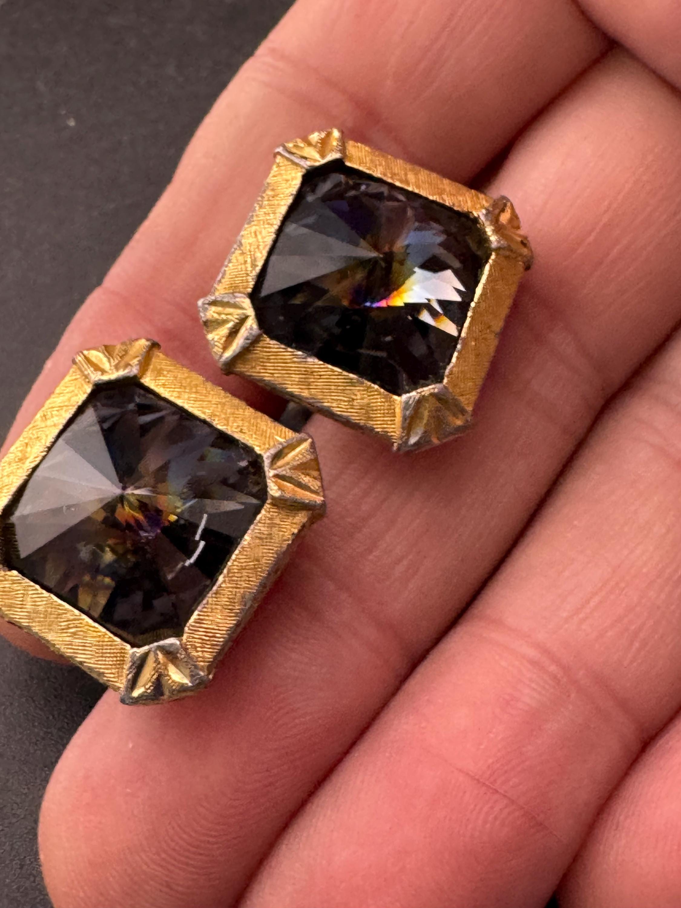 Vintage men’s gold cufflinks with grey rainbow crystal Rhinestones, Brutalist 1970s