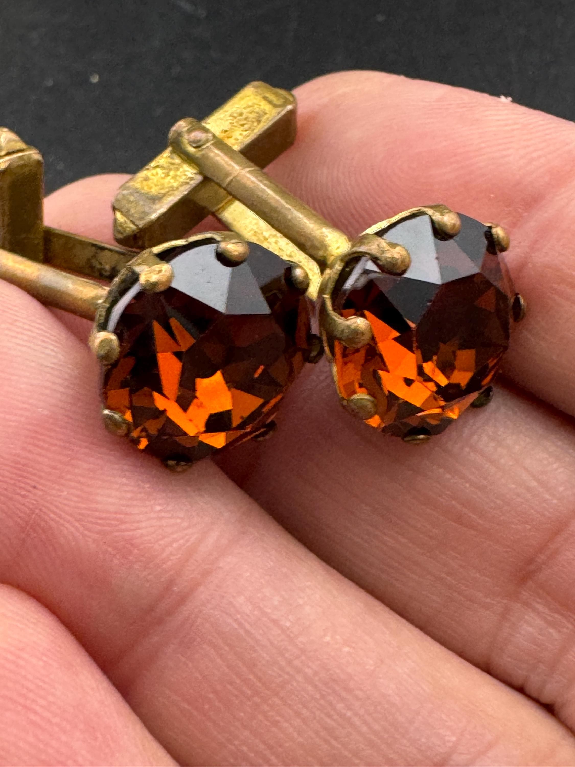 Vintage men’s gold cufflinks with brown cognac glass crystal Rhinestones, Brutalist 1970s