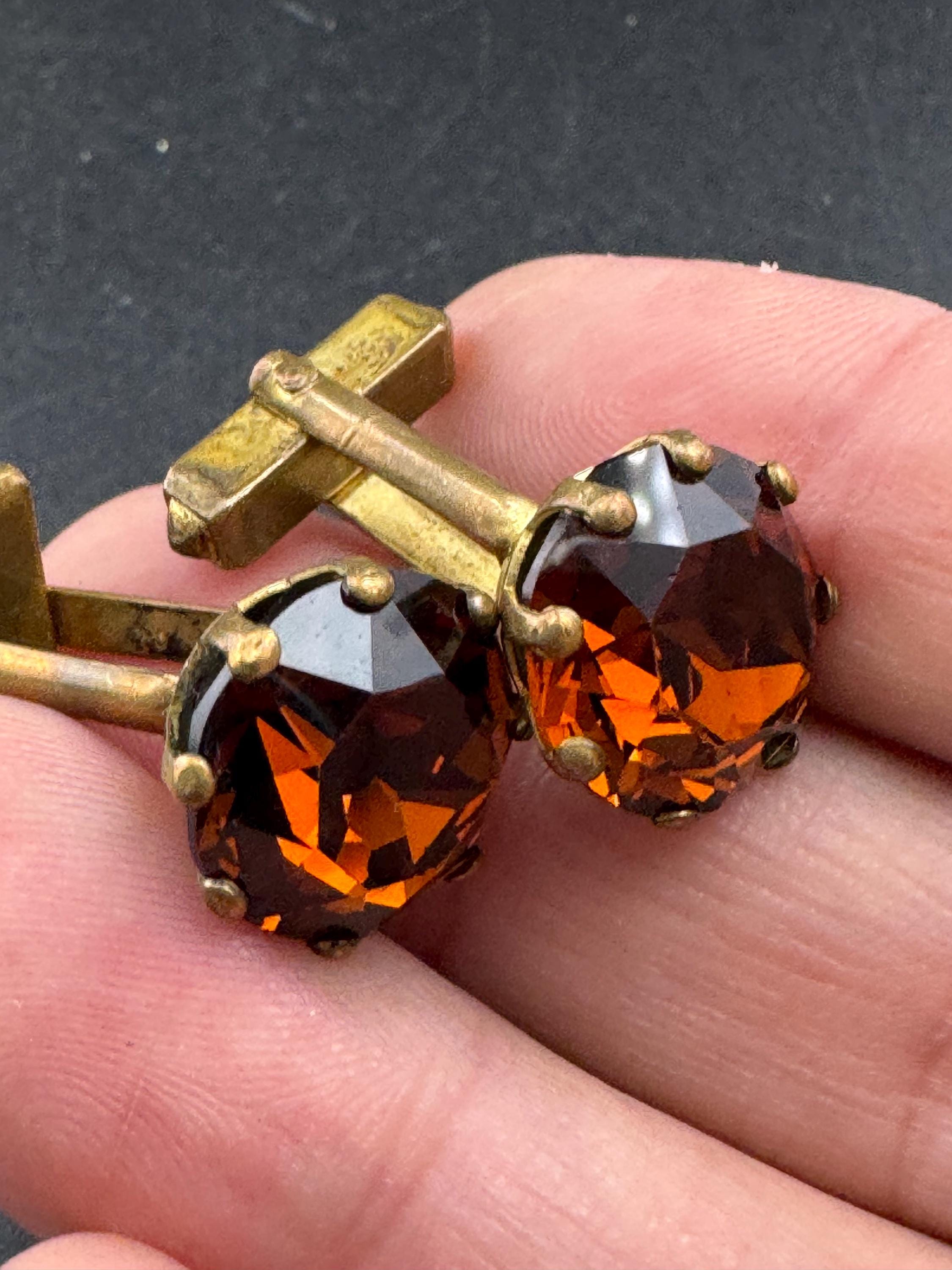 Vintage men’s gold cufflinks with brown cognac glass crystal Rhinestones, Brutalist 1970s
