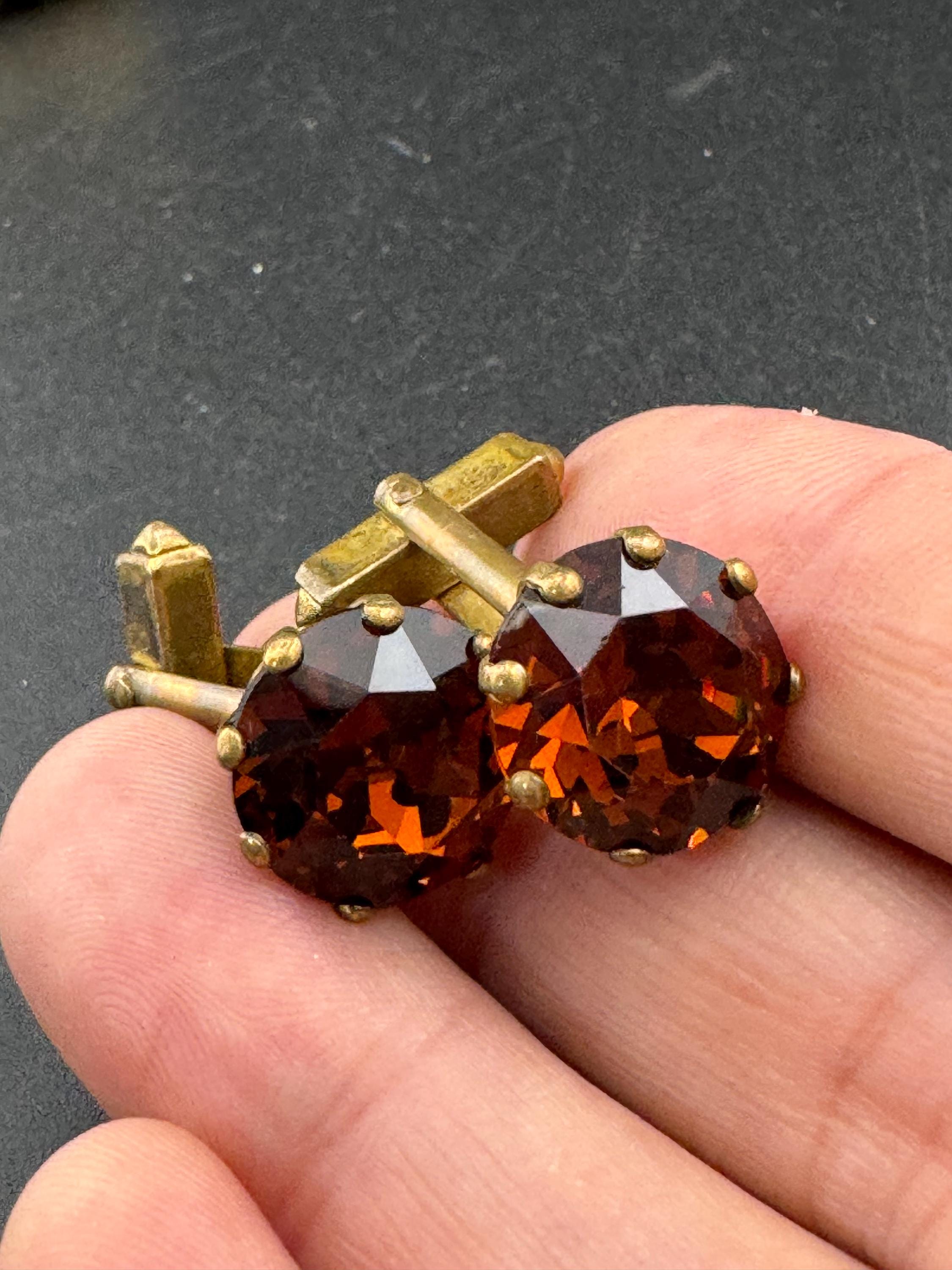 Vintage men’s gold cufflinks with brown cognac glass crystal Rhinestones, Brutalist 1970s