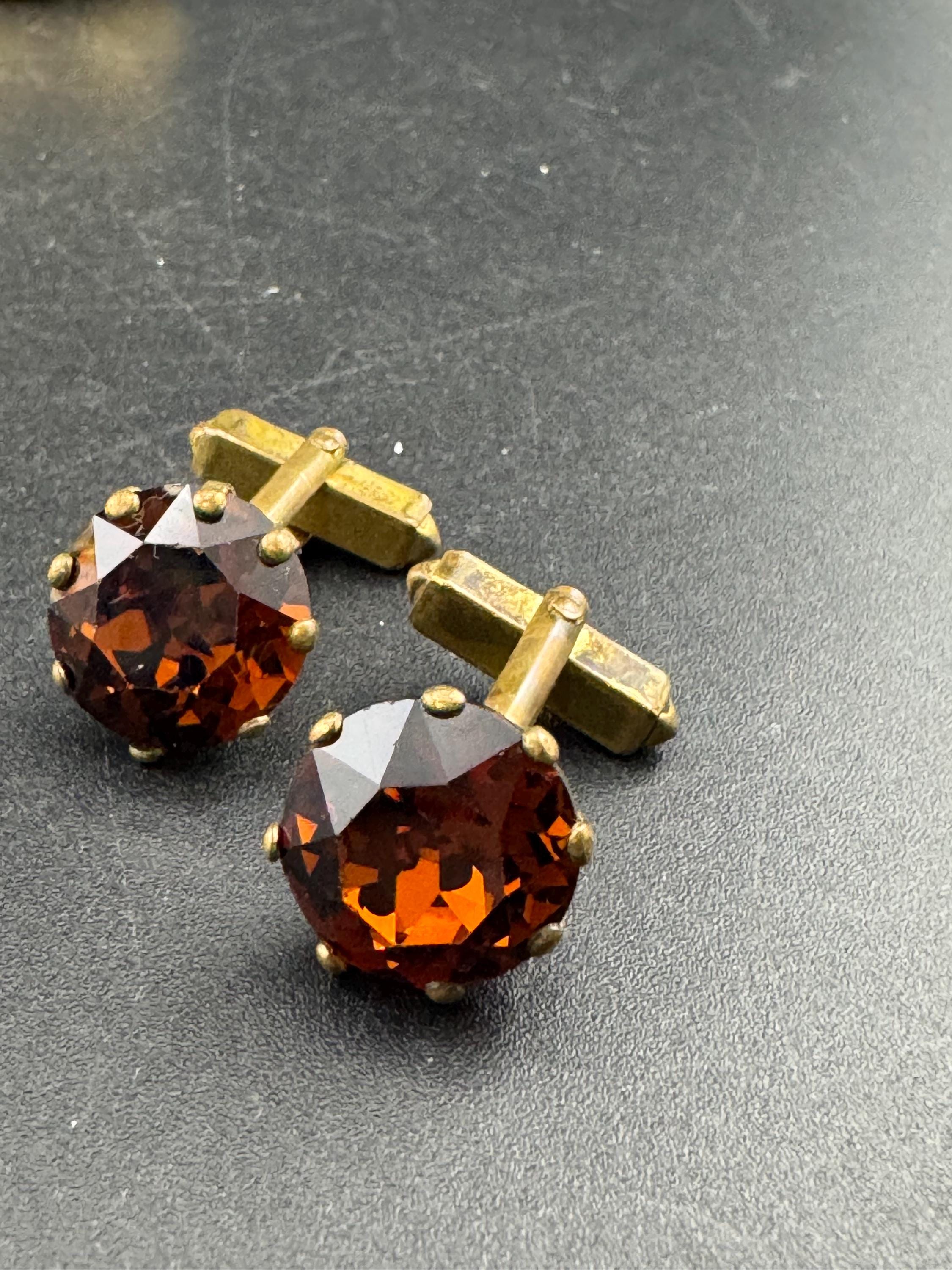 Vintage men’s gold cufflinks with brown cognac glass crystal Rhinestones, Brutalist 1970s