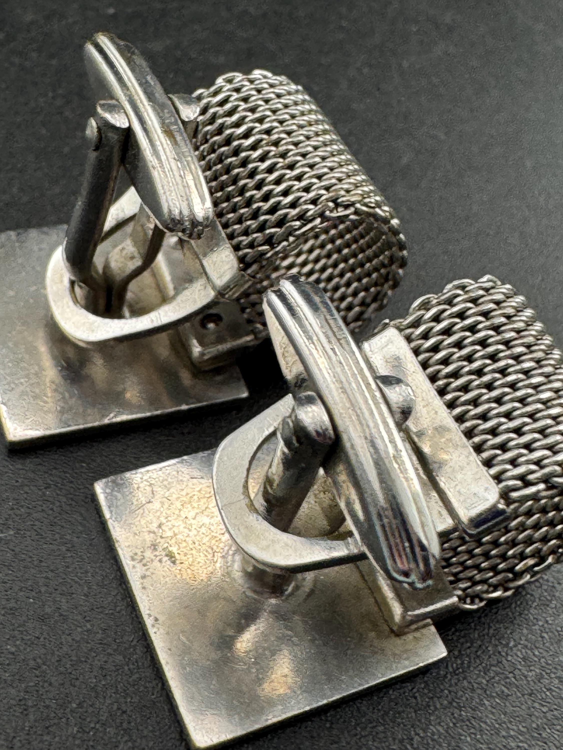 Vintage men’s brushed metal mesh cufflinks with black hematite , Brutalist 1970s geometric