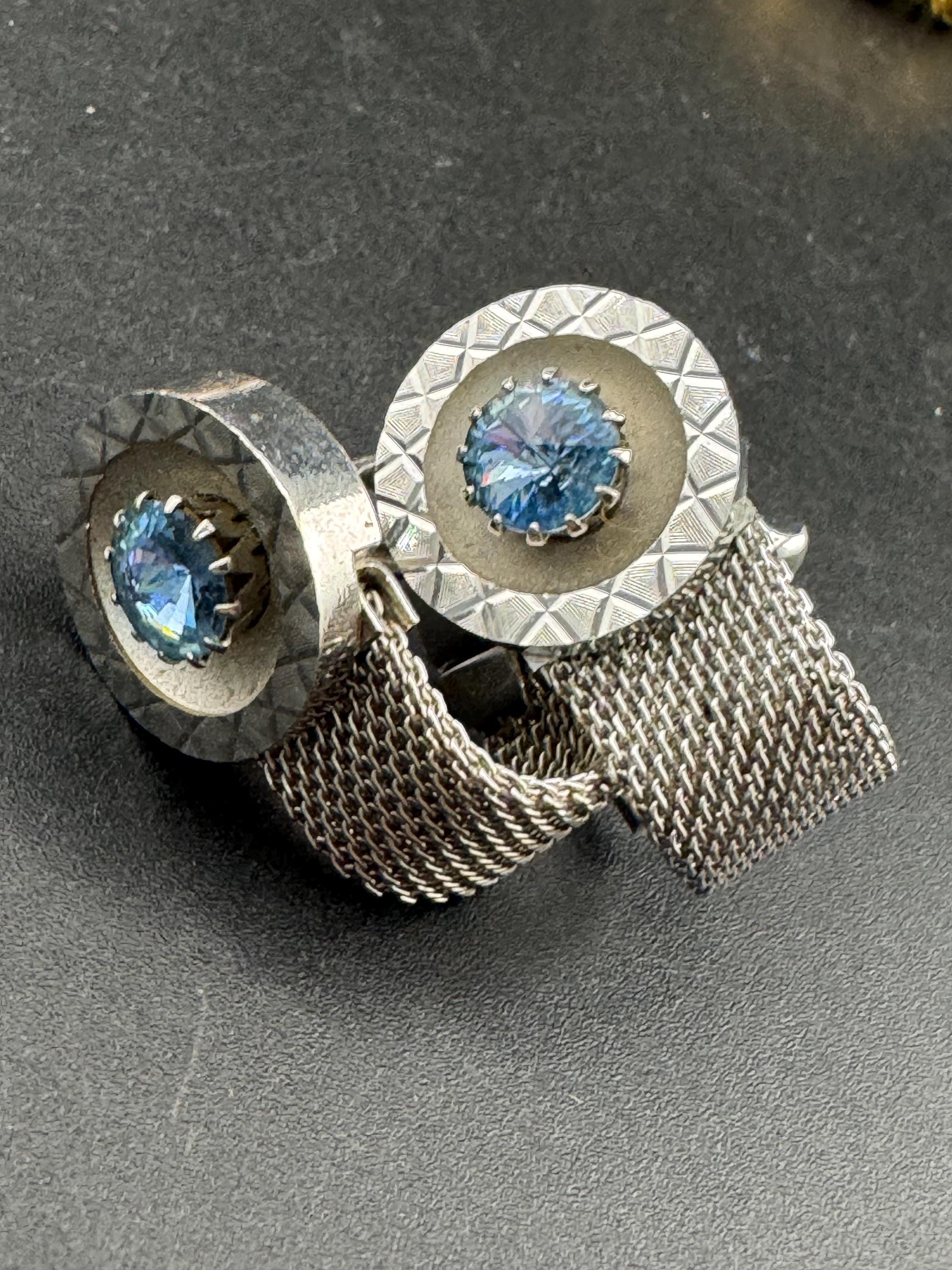 Vintage men’s silver mesh cufflinks with blue diamanté rhinestones , Brutalist 1970s
