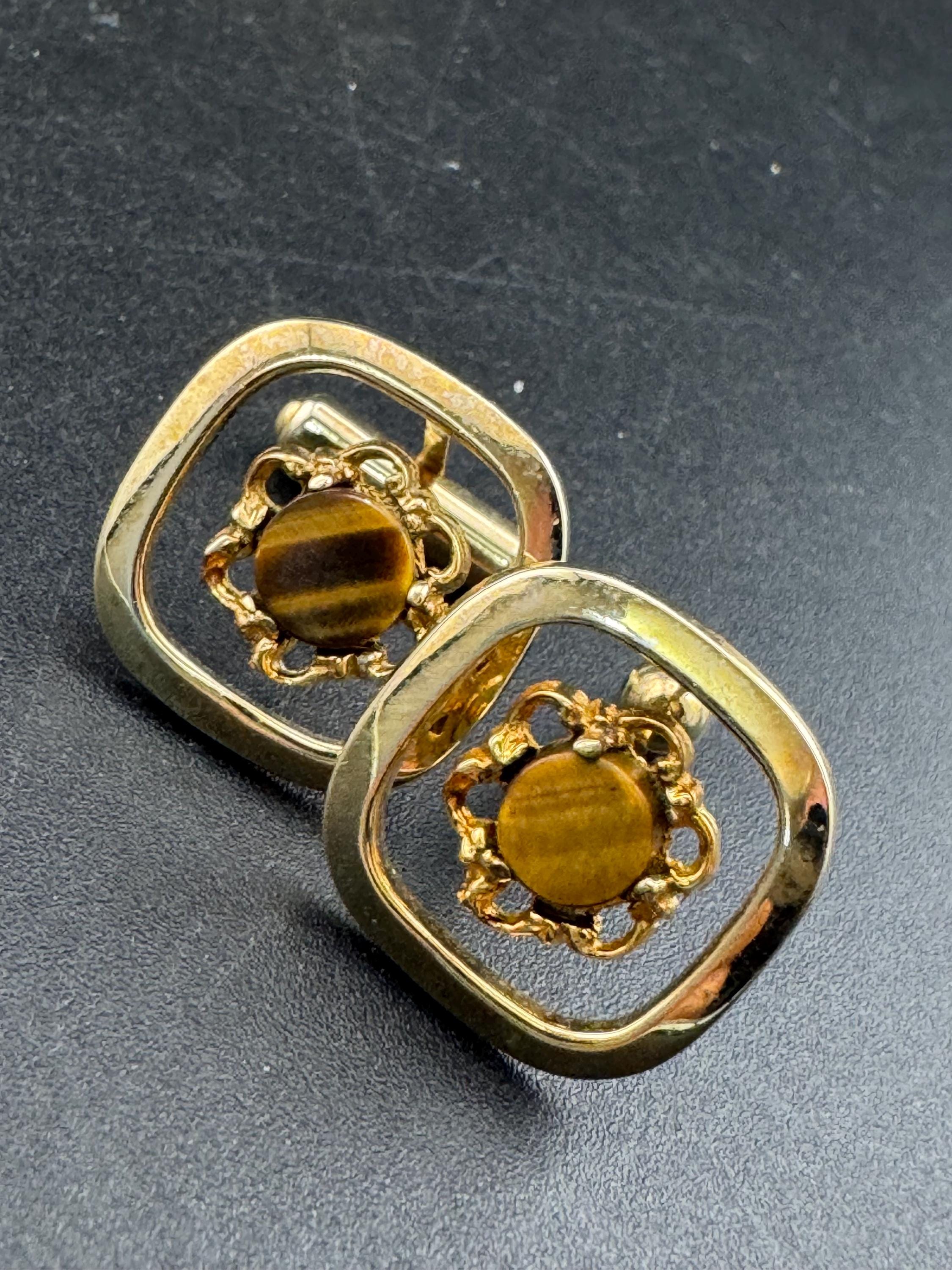 Vintage Brutalist 1970s brown tigerseye gemstone gold tone cufflinks