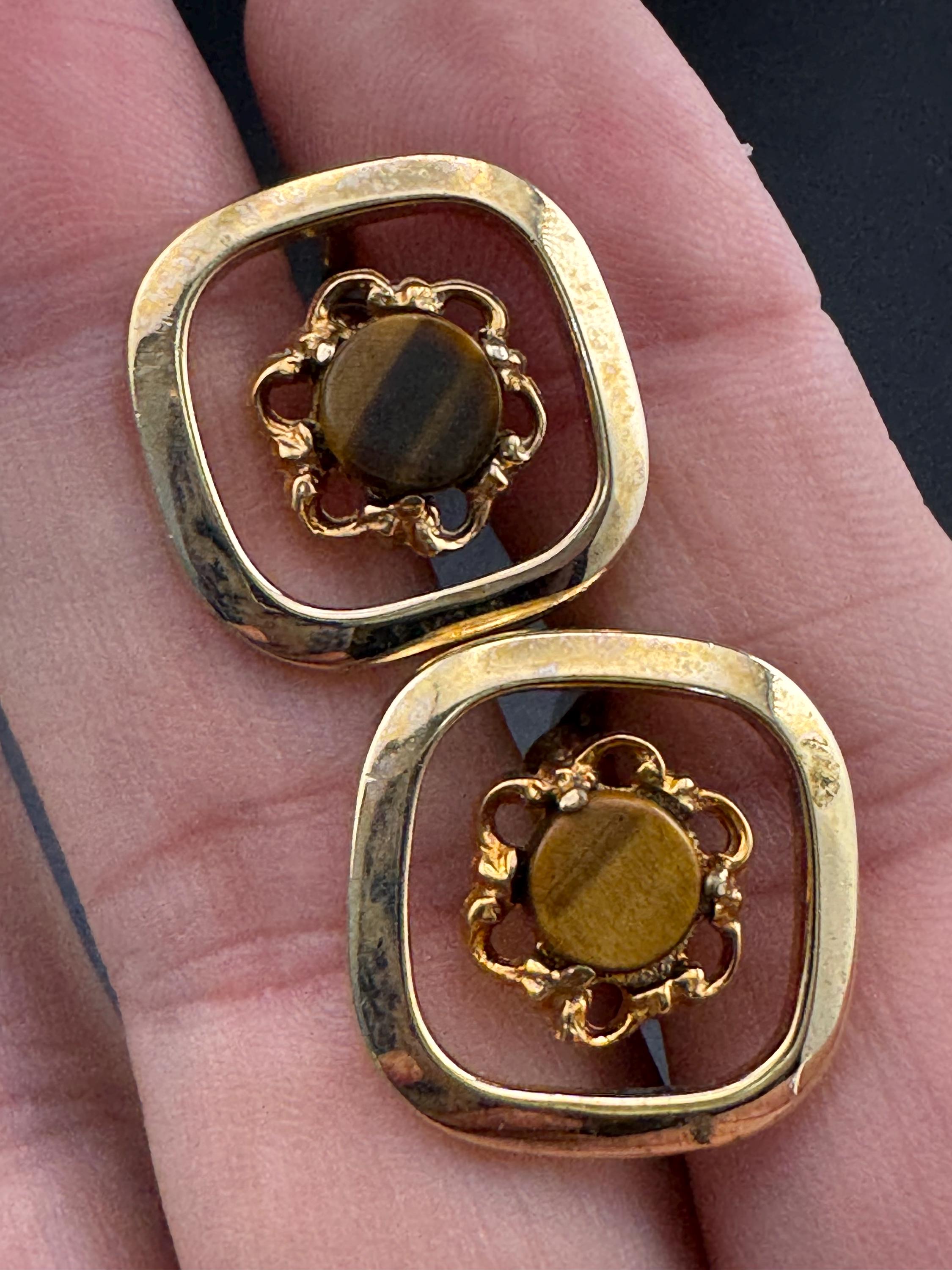 Vintage Brutalist 1970s brown tigerseye gemstone gold tone cufflinks