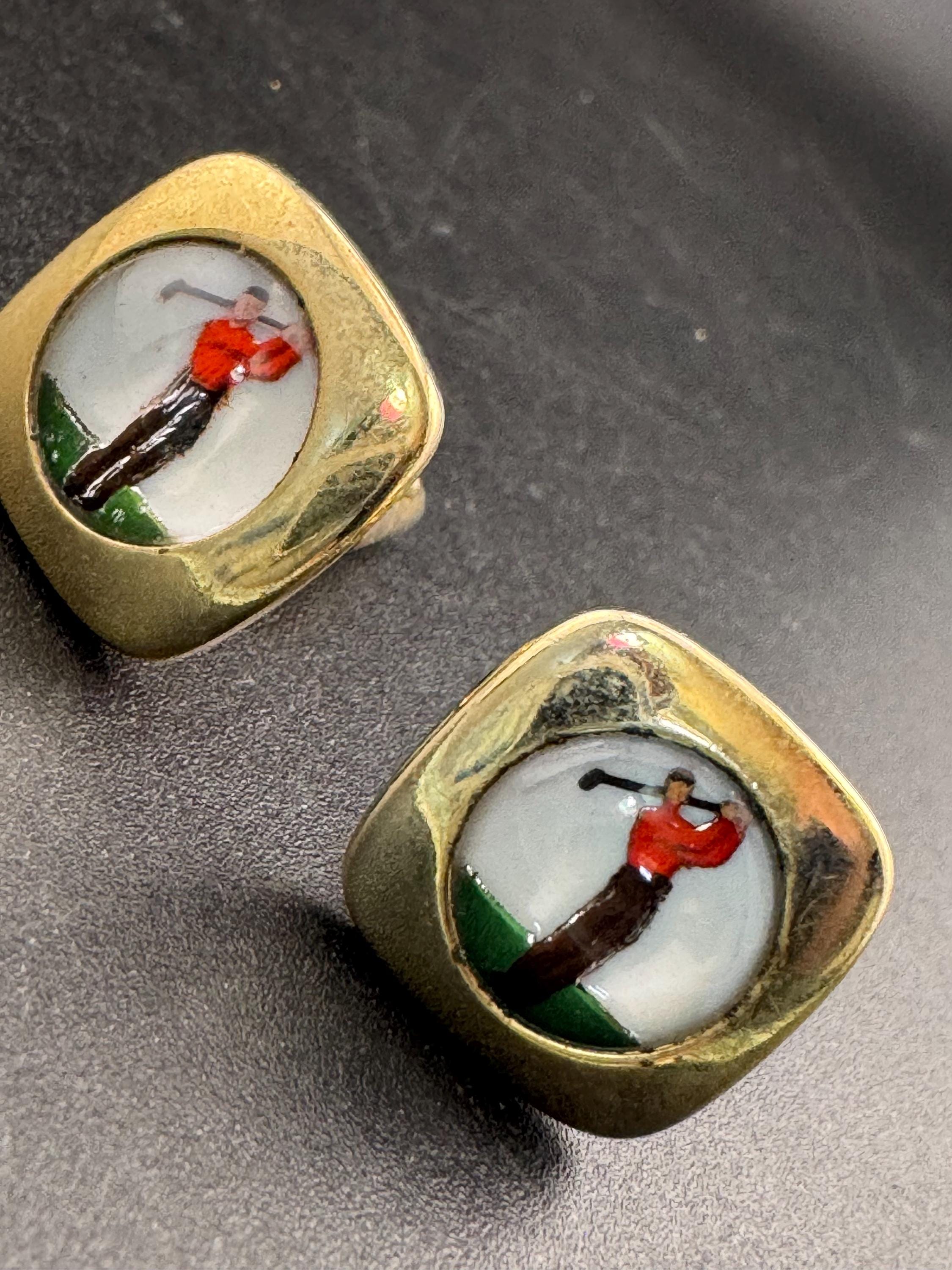 Vintage men’s golfer cufflinks, mid century reverse carved, golf