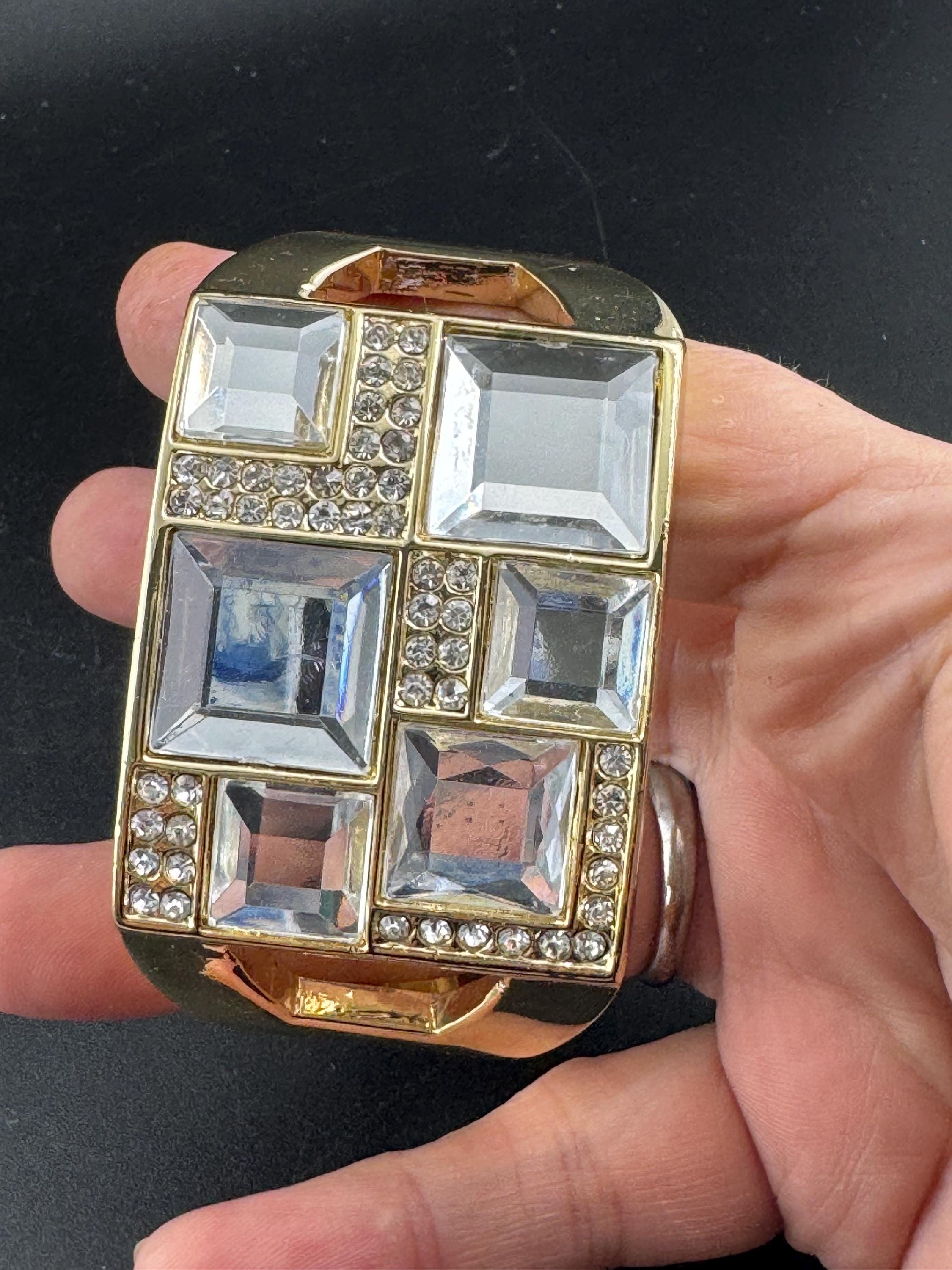 Retro 4cm wide chunky clear diamanté  hinged clamper bangle