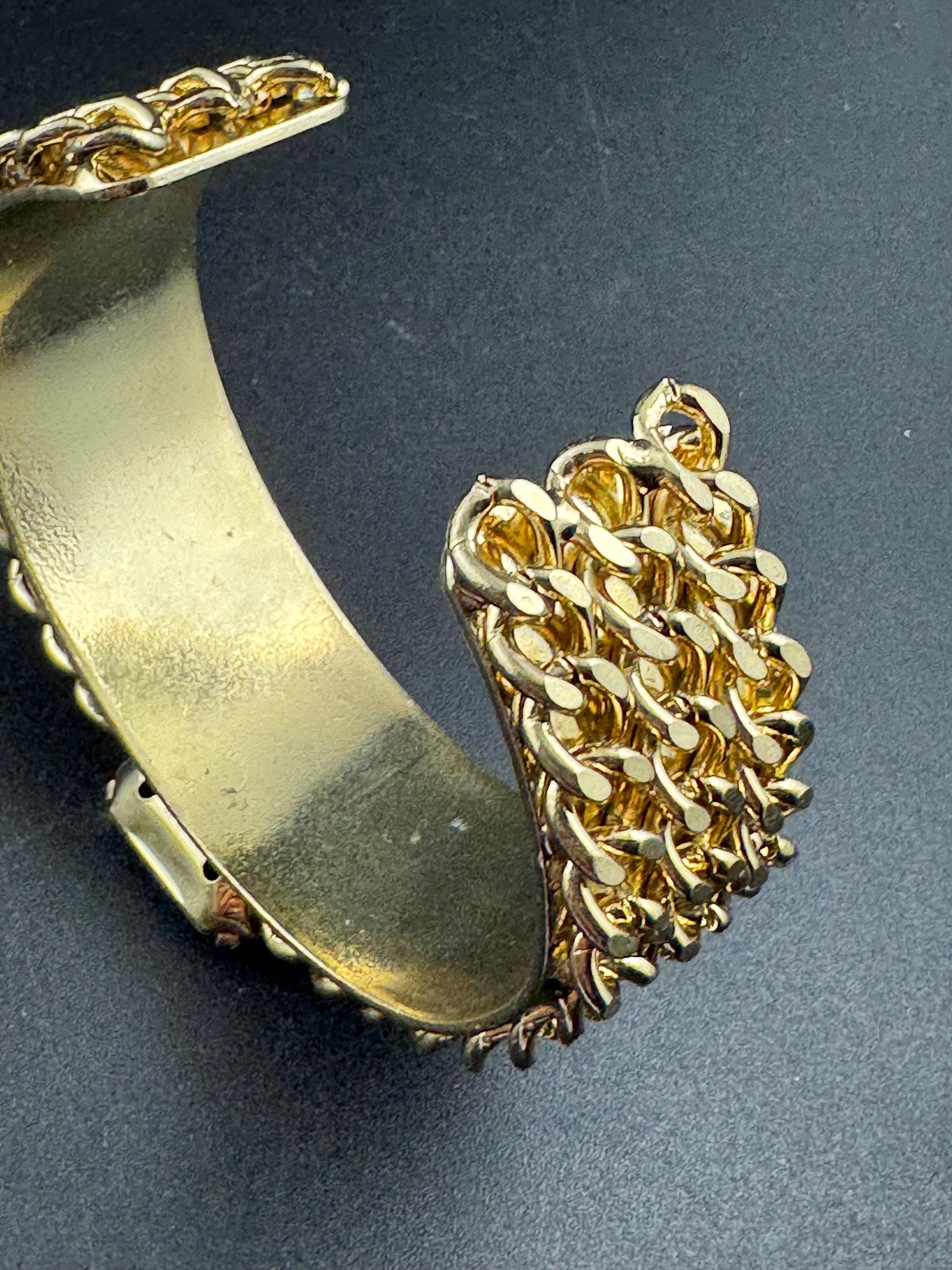 Wide curb chain link bangle with brown acrylic rhinestones, gold tone cuff bracelet