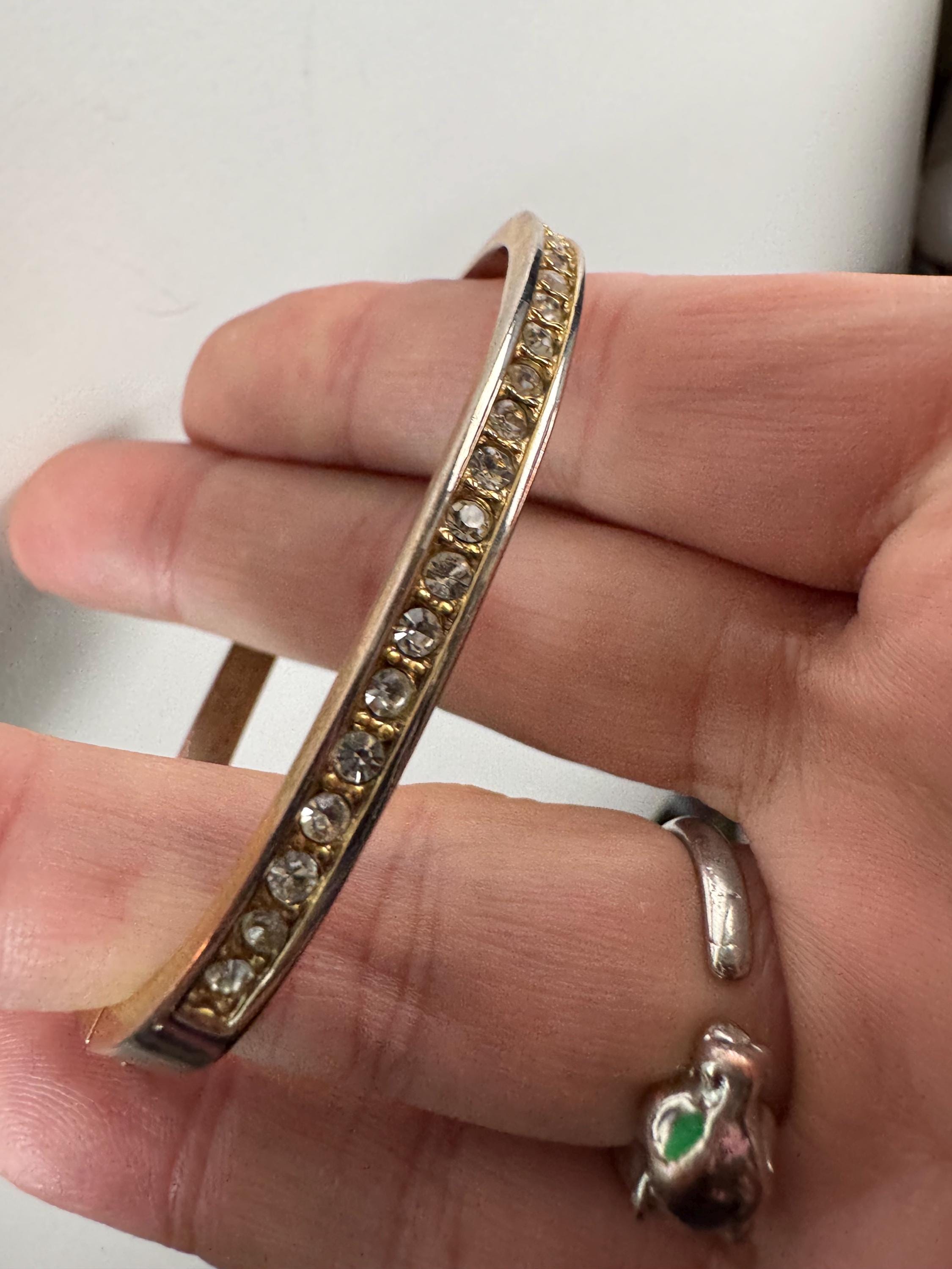 Retro squared clear diamanté crystal channel set hinged clamper bangle