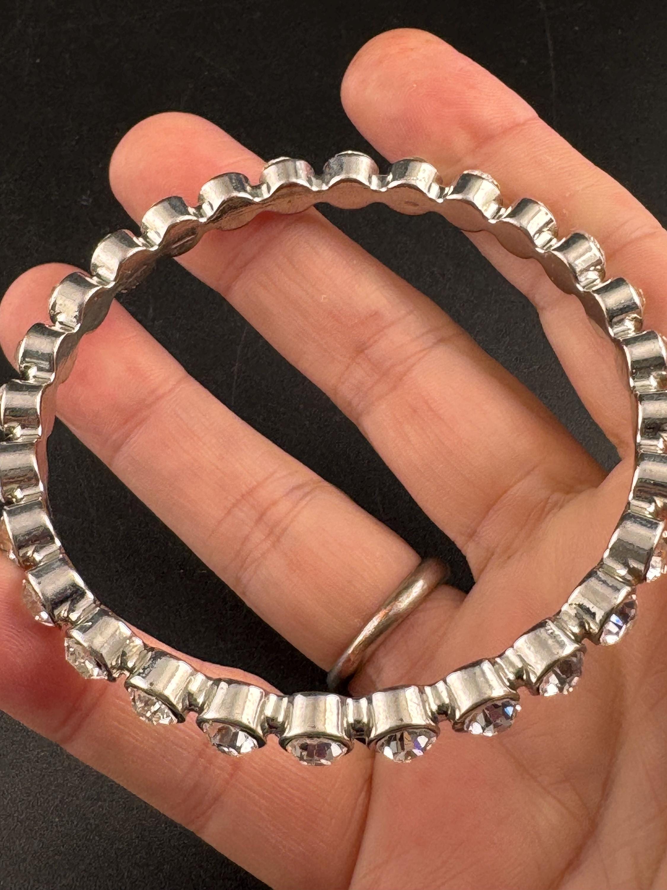 Fixed bezel link bangle with clear diamanté , silver tone bracelet