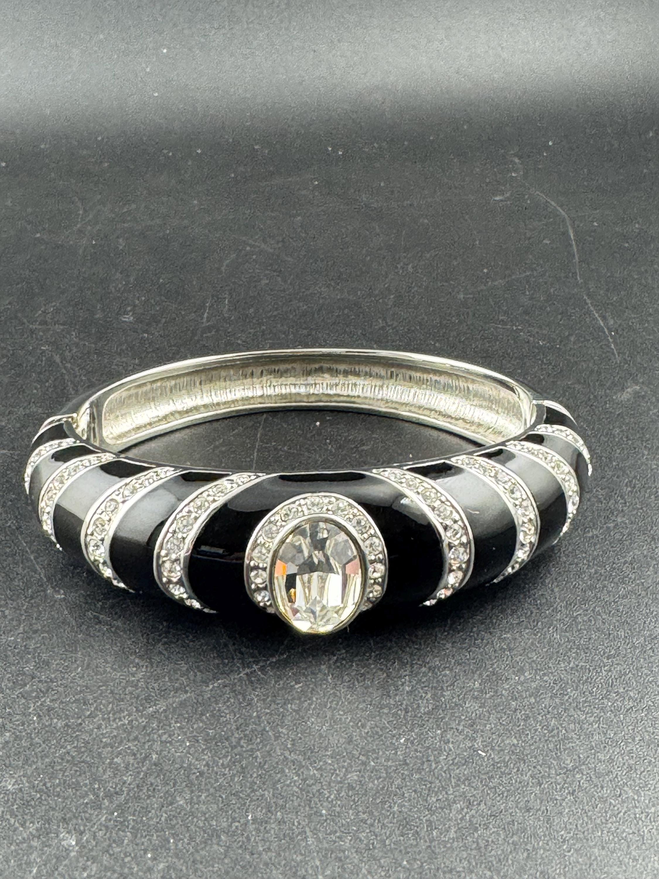 Retro clear diamanté crystal and black enamel hinged clamper bangle, silver tone