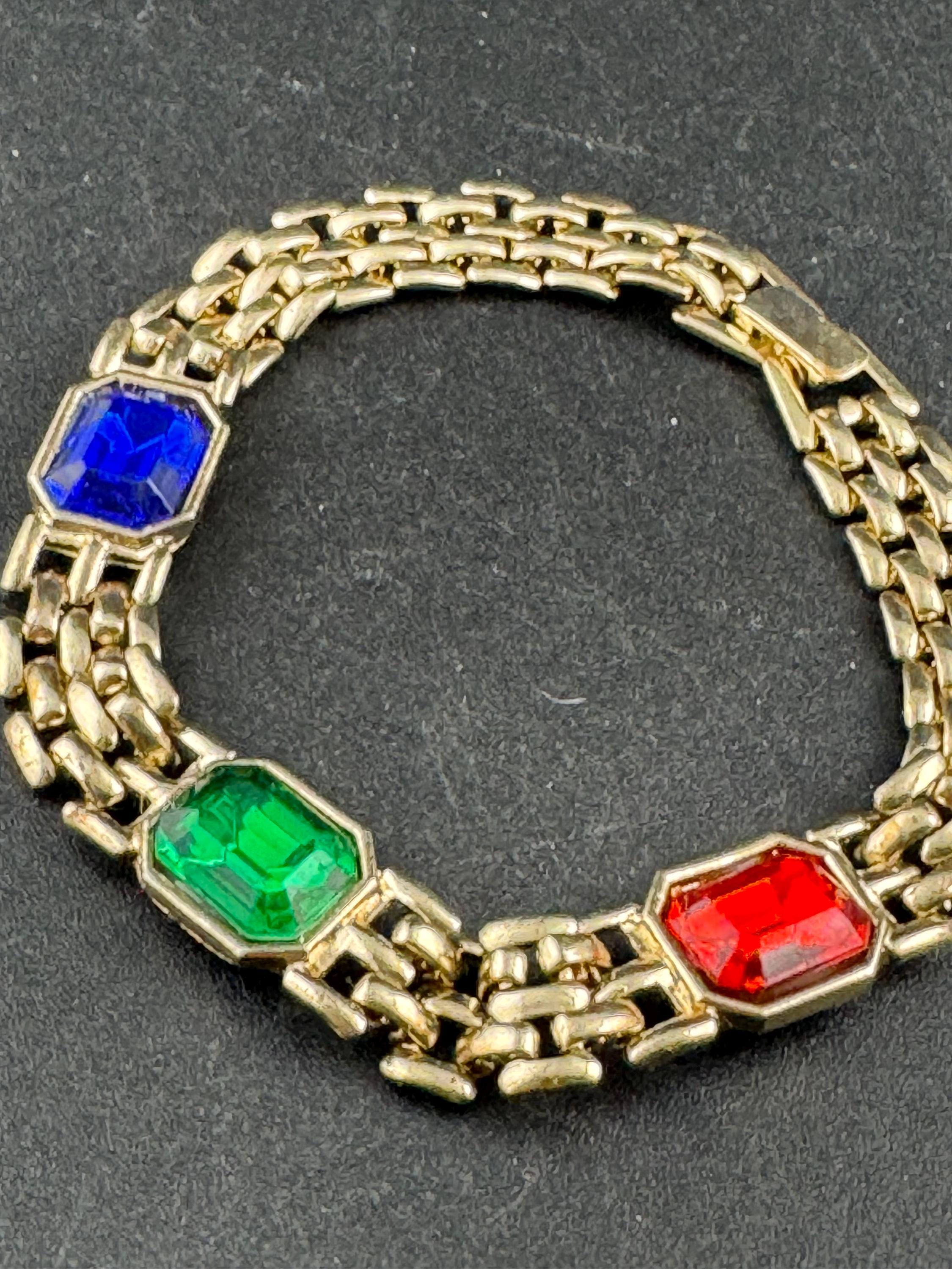 Gold Tone Panther Link Bracelet, Red Green Blue Diamanté, 19cm