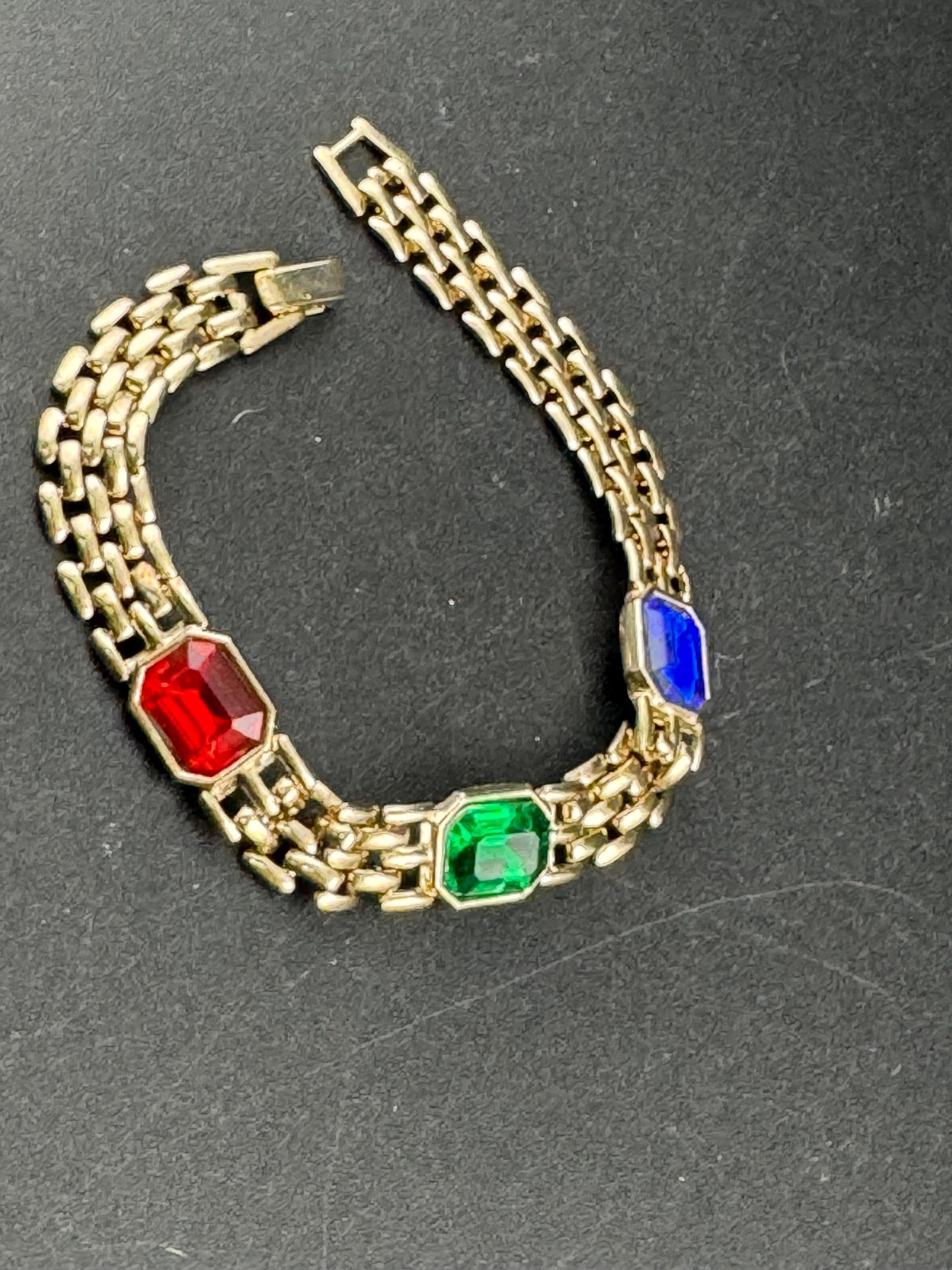 Gold Tone Panther Link Bracelet, Red Green Blue Diamanté, 19cm
