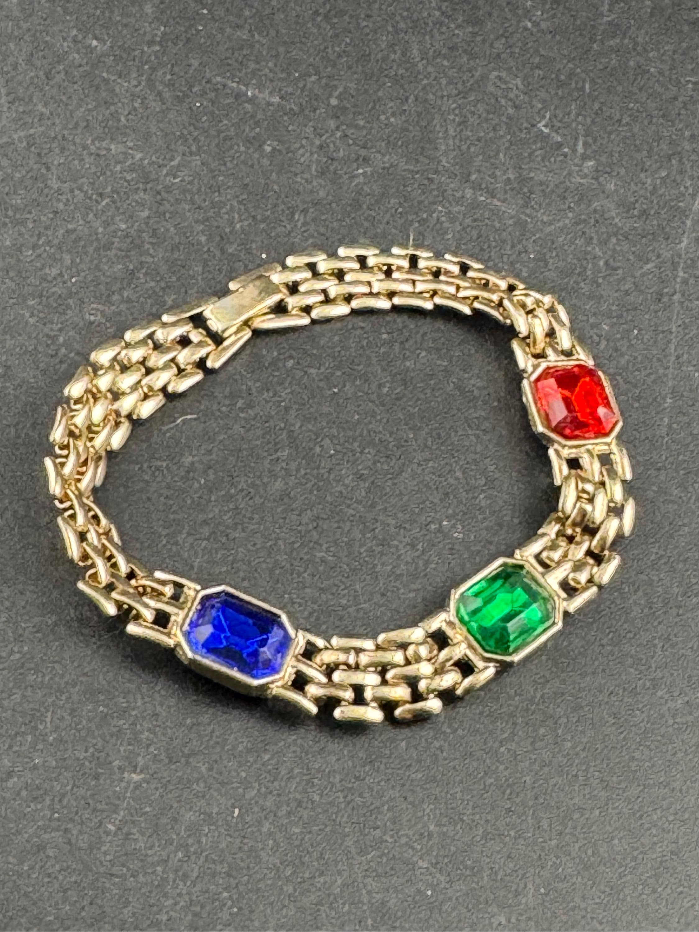 Gold Tone Panther Link Bracelet, Red Green Blue Diamanté, 19cm