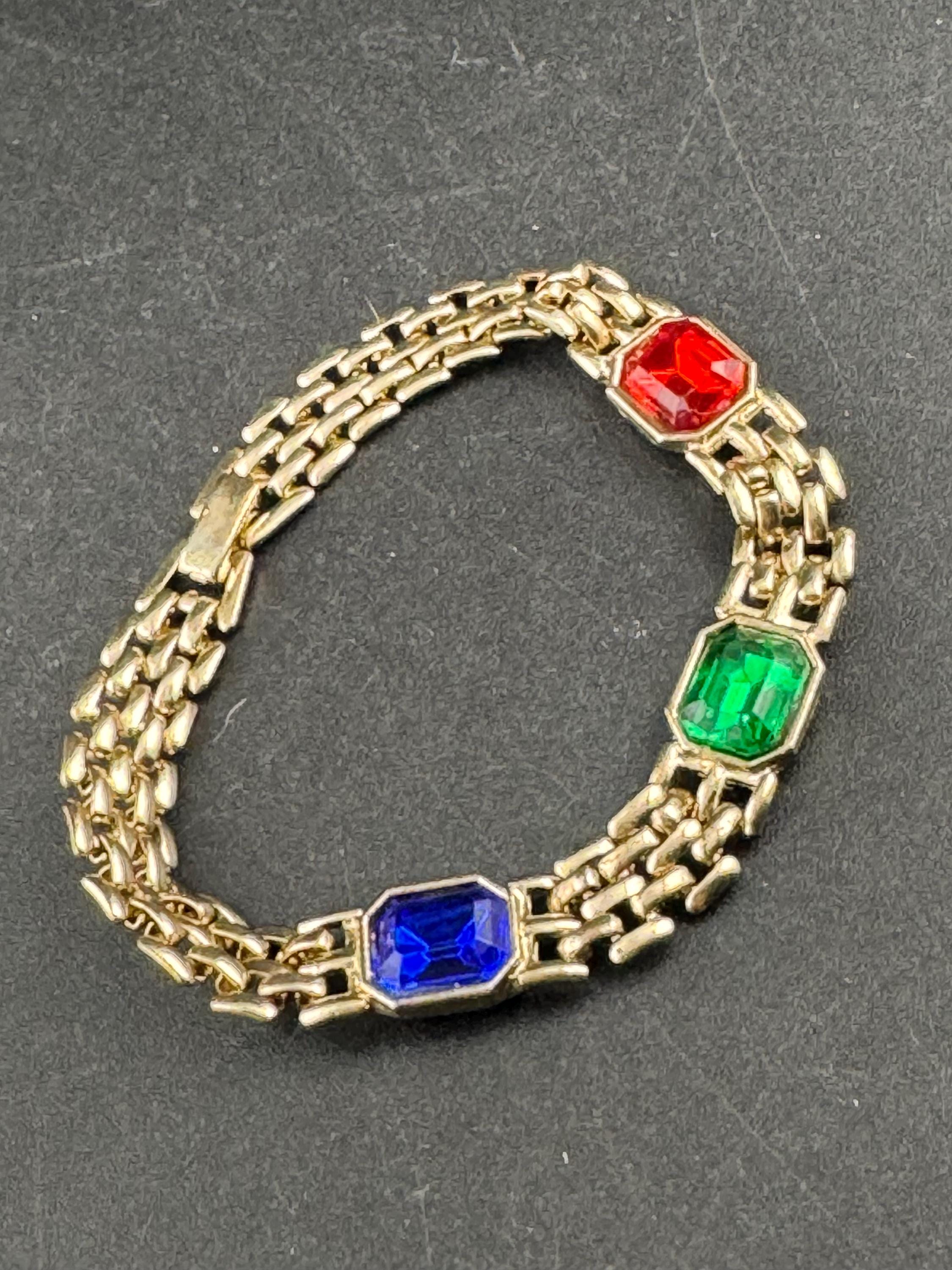 Gold Tone Panther Link Bracelet, Red Green Blue Diamanté, 19cm