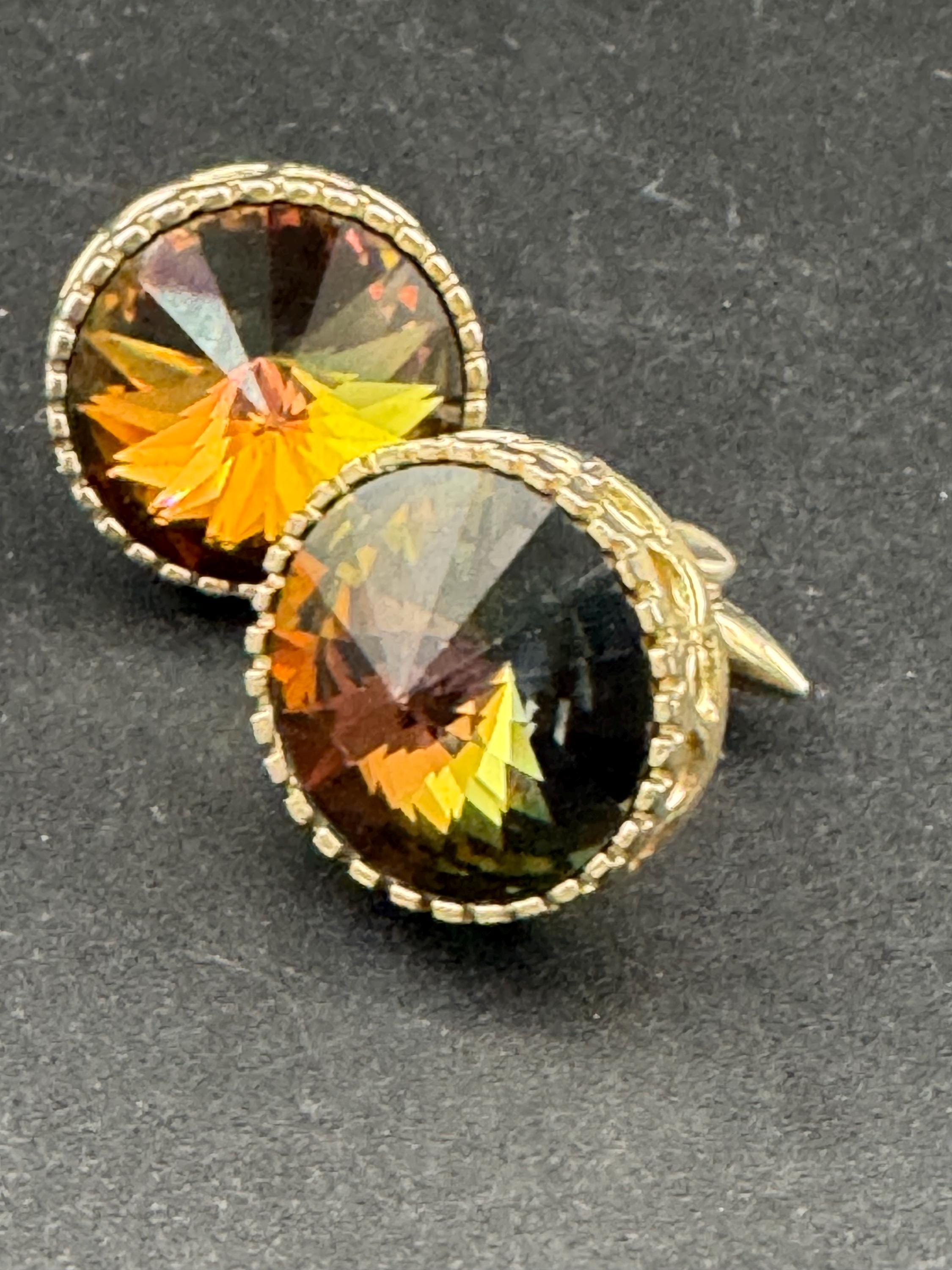 Vintage men’s gold cufflinks with brown green Rivoli crystal Rhinestones, Brutalist 1970s