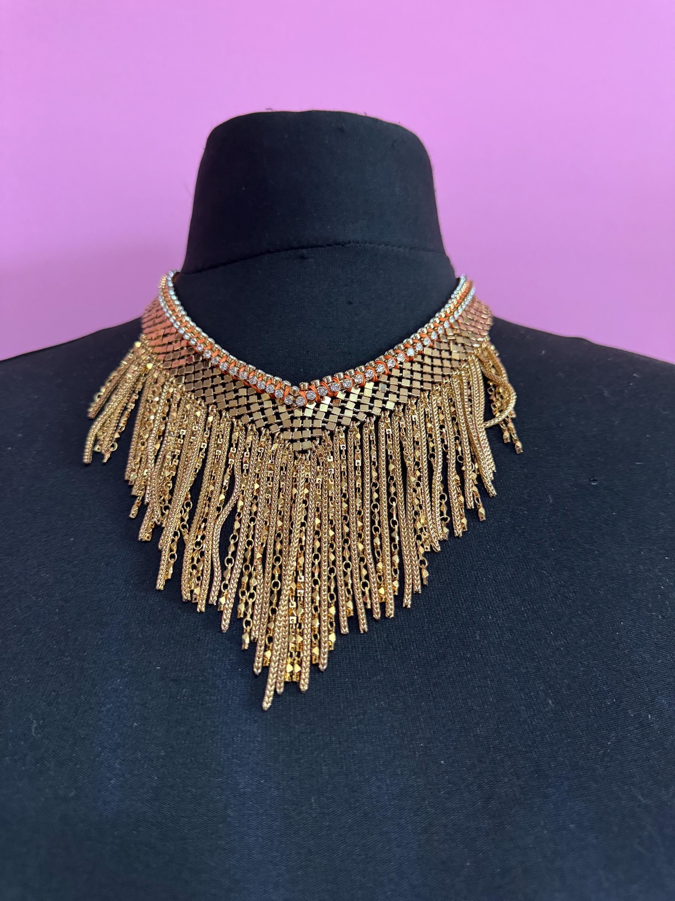 Vintage gold mesh chainmail bib necklace, Swarovski crystal orange silk